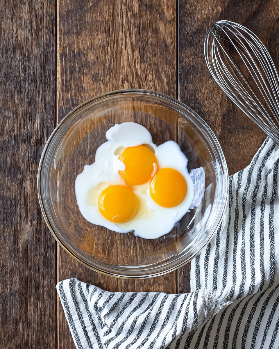 A clear glass bowl is shown from above on a wooden surface with three bright yellow egg yolks and white liquid in the bowl, the yolks being smooth and round and the white liquid partially covering the yolks in uneven shapes; next to the bowl on the right is a silver whisk resting on a white and dark striped cloth. photo taken with an iphone --ar 4:5 --v 7