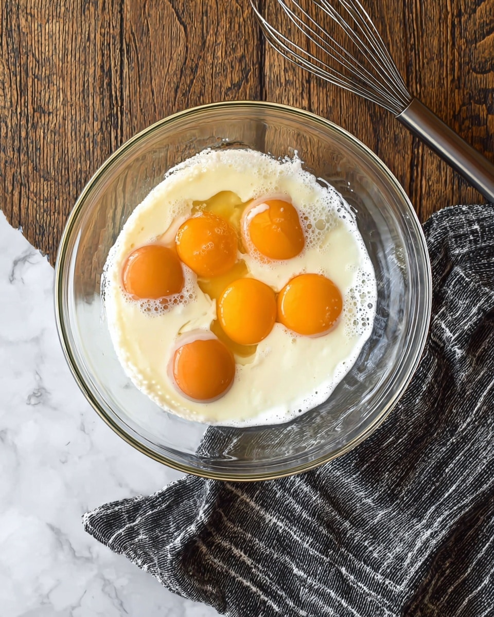 A clear glass bowl sits on a white marbled surface, containing five raw eggs with bright orange yolks, floating in a layer of white cream. The eggs and cream create a mix of smooth, glossy textures with the round yolks clustered near the center. To the right of the bowl lies a metal whisk on a dark gray and white striped cloth, adding a hint of kitchen preparation. The wood grain background is replaced by the white marbled surface that highlights the bowl’s transparency and the ingredients inside. Photo taken with an iphone --ar 4:5 --v 7