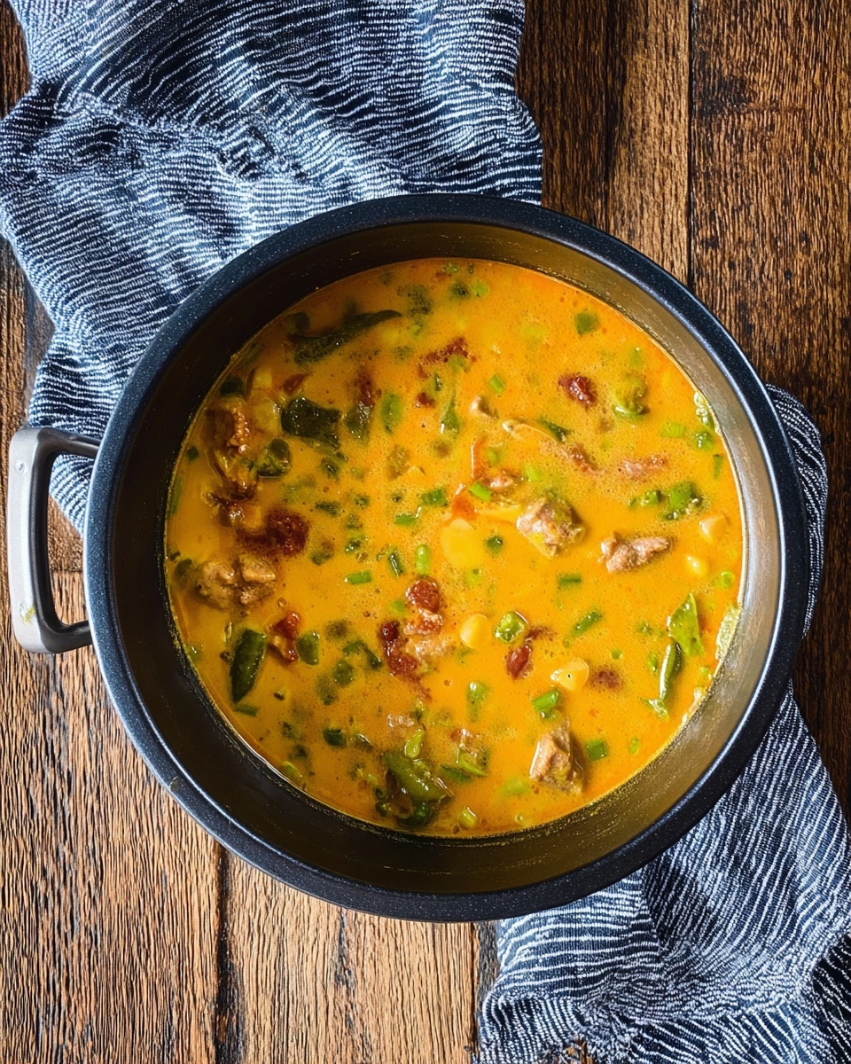 A black round pot is filled with a thick orange-yellow soup that has small pieces of green vegetables and chunks of light-colored meat mixed evenly throughout. There are also small bits of red visible within the soup. The pot sits on a wooden table with a blue and white striped cloth draped next to it. The overall setting has a warm, rustic feel. Photo taken with an iphone --ar 4:5 --v 7