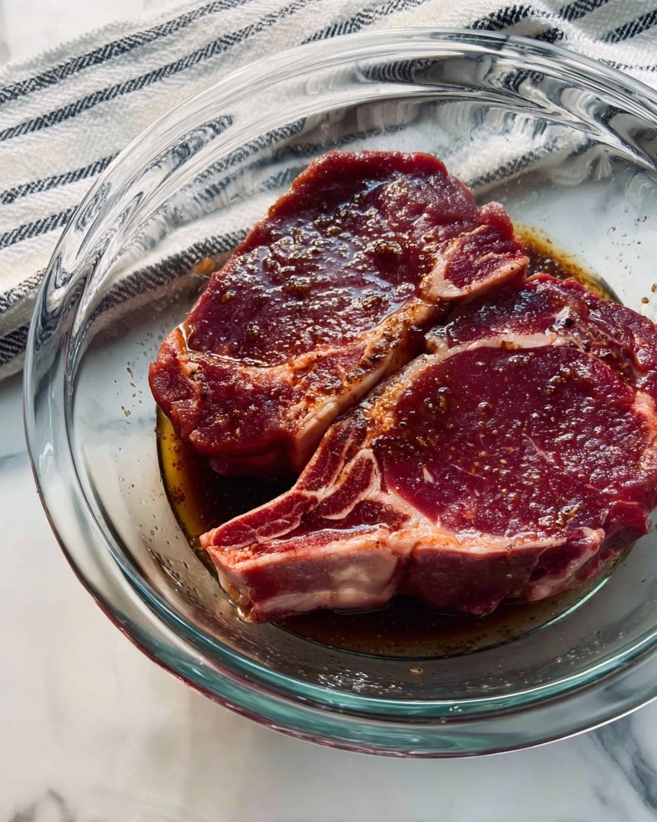 A clear glass bowl holds two raw red steaks with visible marbling and a thin bone in each. The steaks are coated with a shiny, dark marinade that pools slightly at the bottom of the bowl. The bowl sits on a white marbled surface, and a striped cloth with white, gray, and blue lines lies behind it. The photo taken with an iphone --ar 4:5 --v 7