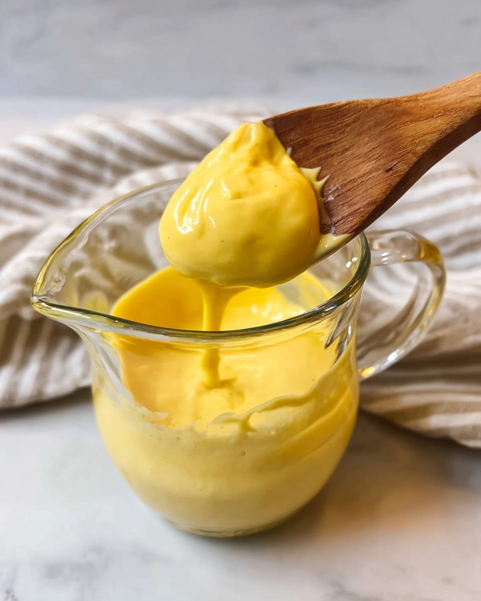 A glass measuring cup filled with thick, smooth, bright yellow sauce, with some sauce clinging to the sides inside. A wooden spoon holding a large scoop of the creamy sauce is lifted above the cup. The background has a soft focus white marbled texture and a blurred cloth with light stripes. photo taken with an iphone --ar 4:5 --v 7