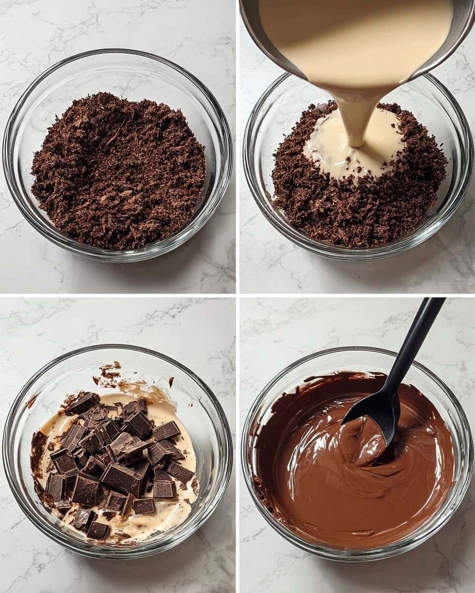A clear glass bowl sits on a white marbled surface with four images showing a step-by-step chocolate melting process. In the first image, there is a single layer of dark brown, rough chopped chocolate pieces filling the bottom of the bowl. The second image shows a creamy, light beige liquid being poured over the chocolate, partially covering the pieces. The third image displays a mix of light brown melted chocolate with some solid chunks, being stirred with a black spoon, showing a creamy texture with uneven melting. The fourth image has the chocolate fully melted into a smooth, thick, dark brown liquid held together by the black spoon, coating its edges. Photo taken with an iphone --ar 4:5 --v 7