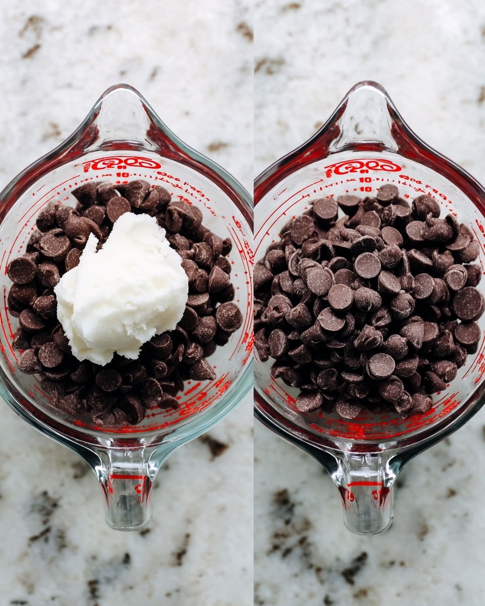 The image shows two glass measuring cups with a thick chocolate mixture inside, resting on a white marbled surface. The left cup is smudged with chocolate on the sides and filled with a smooth, dark brown chocolate with a shiny texture. A metal spoon in the cup lifts some of the chocolate, showing its thick and creamy form. The right cup has a similar chocolate mixture with a smooth and shiny surface. A metal spoon inside the cup holds some chocolate, showing a smooth thick texture without lumps. Both cups have red measuring markings, and the lighting highlights the glossy texture of the chocolate. photo taken with an iphone --ar 4:5 --v 7