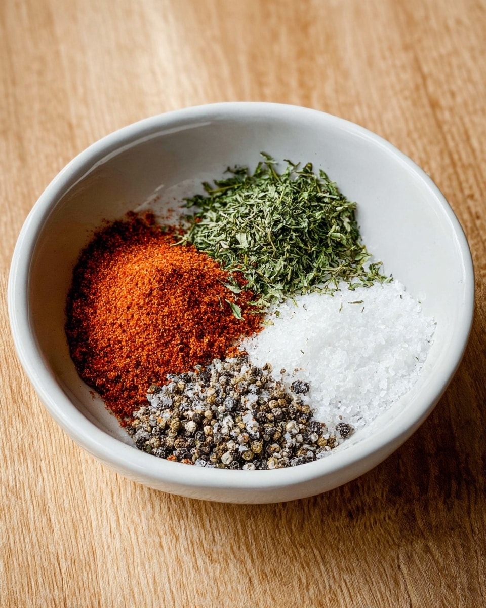 A white bowl is filled with four different spices arranged separately in small heaps inside. Starting from the left, there is a pile of bright reddish-orange ground spice, next to it at the top is a bunch of finely shredded green herb, to the right is a small heap of coarse white salt, and at the bottom right is a pile of cracked black and white pepper. The bowl sits on a light wooden surface with a visible grain pattern. photo taken with an iphone --ar 4:5 --v 7