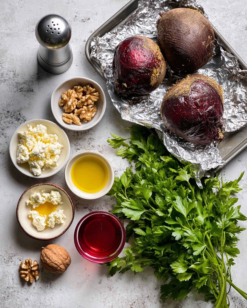 A white bowl holds a colorful salad with three main visible layers: the base is dark red beet pieces, scattered with small chunks of white cheese. On top, there is a bright green layer of chopped leafy herbs spread evenly. Light brown walnut pieces are sprinkled all over, adding texture. A silver spoon rests inside the bowl on the right side. The bowl sits on a white marbled surface, next to a glass of water with ice cubes and a folded gray cloth. photo taken with an iphone --ar 4:5 --v 7