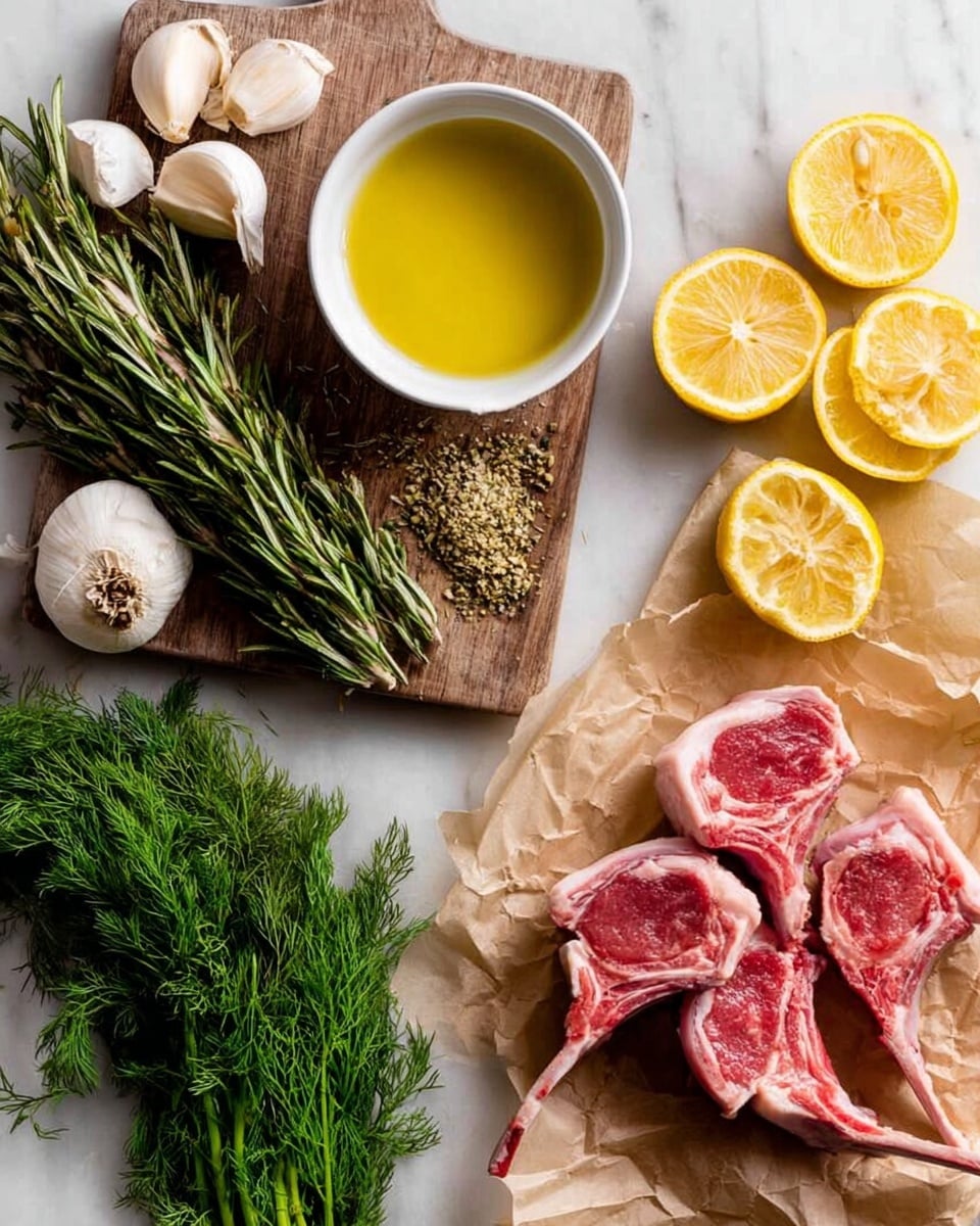 The image shows a white marbled surface with a wooden cutting board on the left holding a small white bowl of yellow oil, a bunch of fresh green rosemary, three garlic bulbs, and a small pile of fennel seeds. To the right of the board are several lemon slices arranged in a loose group with one lemon slice lying flat. Below the lemons, there are several raw lamb chops with red and white marbled meat placed on crumpled brown parchment paper. Fresh green dill is spread along the bottom part of the image. photo taken with an iphone --ar 4:5 --v 7