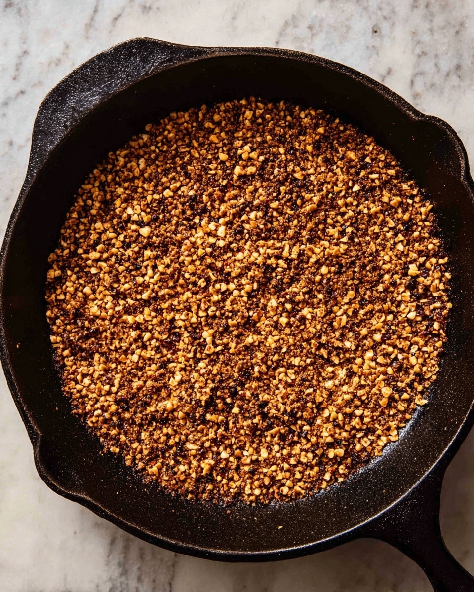 A close-up view of a round black cast iron skillet filled with a single layer of small, finely chopped golden brown and dark brown roasted nuts or spices, evenly spread out across the surface. The skillet rests on a white marbled textured surface, with subtle shadows around the skillet edges. Photo taken with an iphone --ar 4:5 --v 7