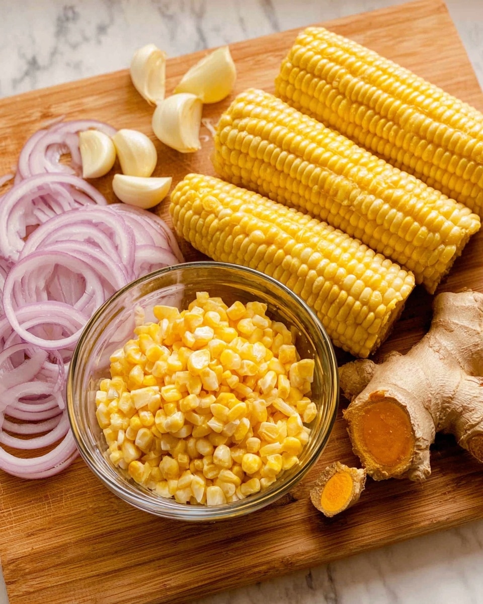The image shows a wooden board with several ingredients neatly arranged. At the front center is a clear glass bowl filled with small, bright yellow corn kernels. Behind the bowl, there are four corn cobs with their kernels removed, showing a light yellow and slightly textured surface. On the left side of the board, there are thin, pale purple onion rings spread out in a semi-circle. Above the onions, three garlic cloves with light yellow skin are placed close together. On the right side of the board, there is a piece of fresh ginger root with a rough, brown skin and an exposed orange section. The surface under the board is a white marbled texture. Photo taken with an iphone --ar 4:5 --v 7