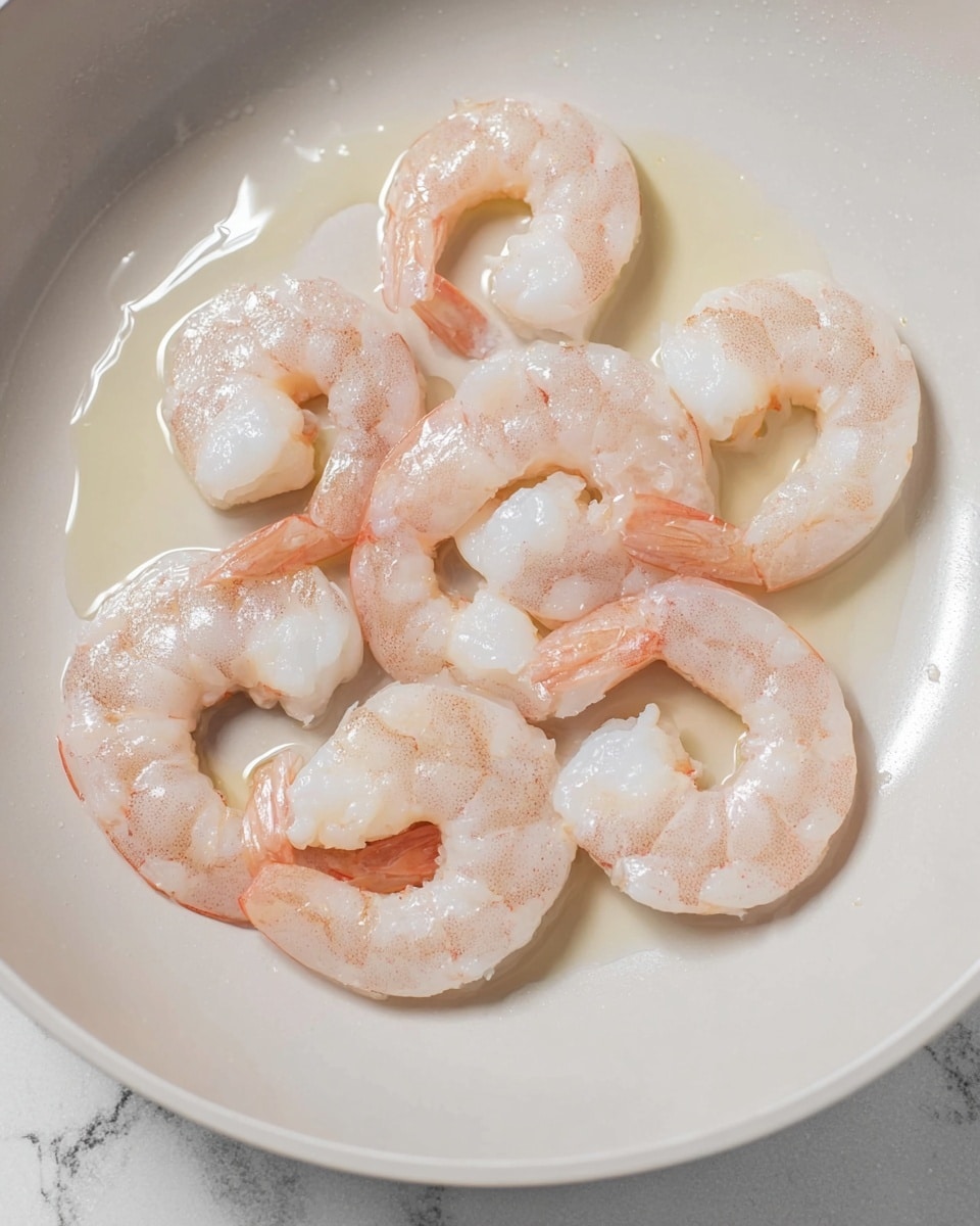 The image shows seven raw shrimp arranged loosely in a white pan, each shrimp has a pale pink and translucent white color with a glossy, wet texture reflecting light. The shrimp are slightly curled, with visible segment lines and tails mostly intact. A thin layer of clear oil is spread around and under the shrimp on the smooth surface of the pan. The background features a white marbled texture. photo taken with an iphone --ar 4:5 --v 7