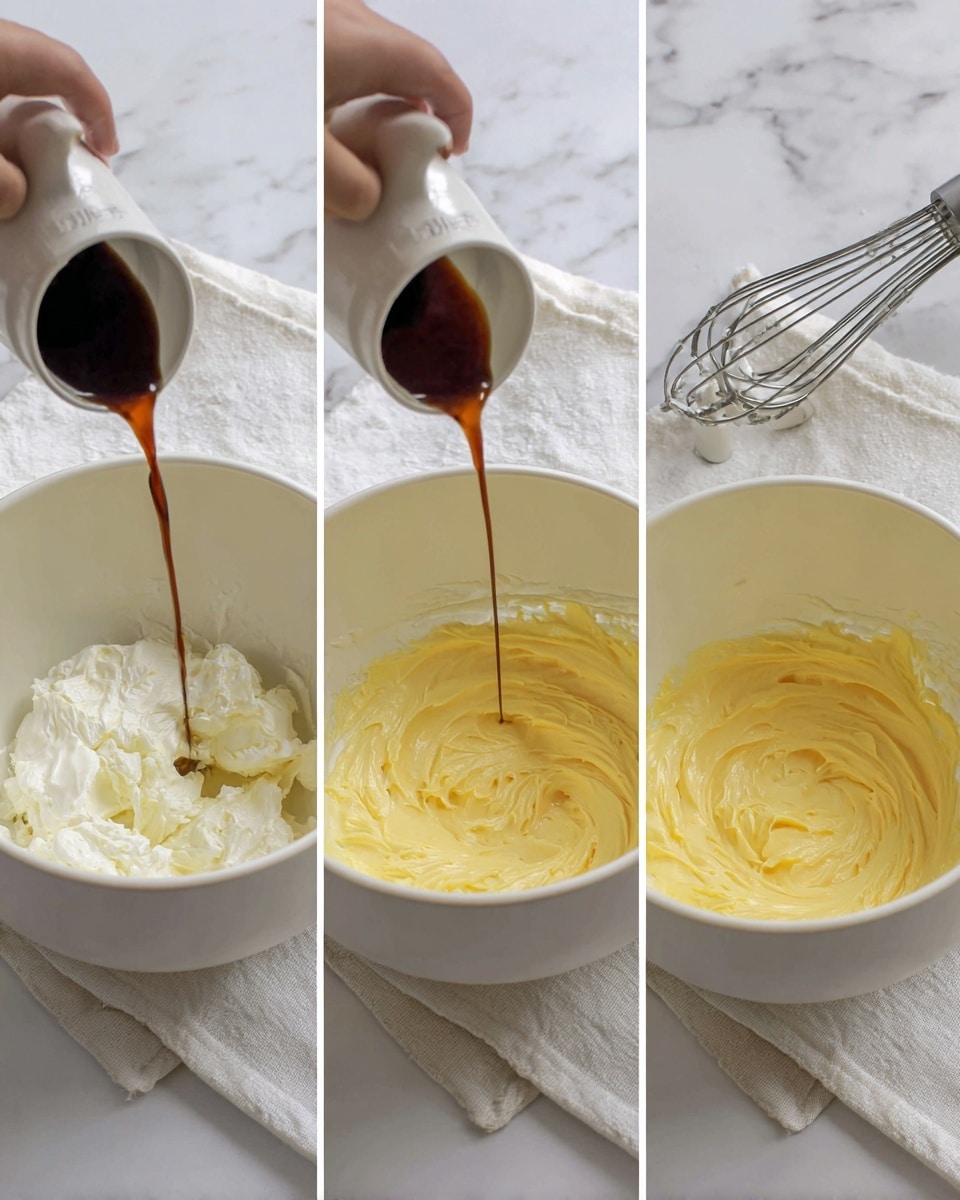 Three side-by-side images show a white bowl with a metal mixer inside on a white marbled surface. In the first image, a woman’s hand pours dark brown liquid into the bowl containing thick white cream. The second image shows the cream turning light yellow as a soft white solid is added on top beside the mixer. The third image shows the mixture as a smooth light yellow cream with swirl marks from the mixer. A white cloth napkin is in the background. Photo taken with an iphone --ar 4:5 --v 7