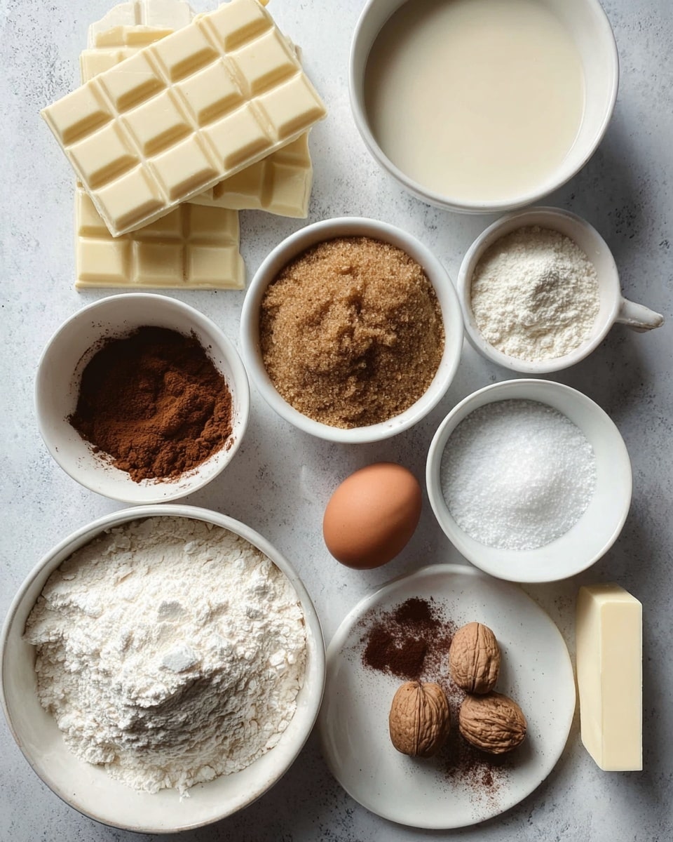 The image shows various baking ingredients arranged on a white marbled surface. Starting from the top left, there are stacked squares of white chocolate with a creamy, smooth texture and pale yellow color. To the right, there is a white bowl filled with a light beige liquid, possibly cream or milk. Next to it, another white bowl holds brown sugar with a grainy and slightly moist look. Below the chocolate is a single brown egg with a smooth shell. To the right of the egg, a small white bowl contains white powder, likely baking powder, with a fine texture. Next to it, a slightly larger white bowl holds granulated white sugar. Below the egg, there is a bigger white bowl filled with white flour that looks soft and powdery. Centered at the bottom is a small white plate with a small pile of dark brown cinnamon powder, fine tan nutmeg powder, and two whole nutmeg nuts with rough brown shells. There is a stick of pale yellow butter wrapped in paper at the right edge. The overall arrangement is neat and spaced, with soft natural lighting highlighting each ingredient’s texture and color. Photo taken with an iphone --ar 4:5 --v 7