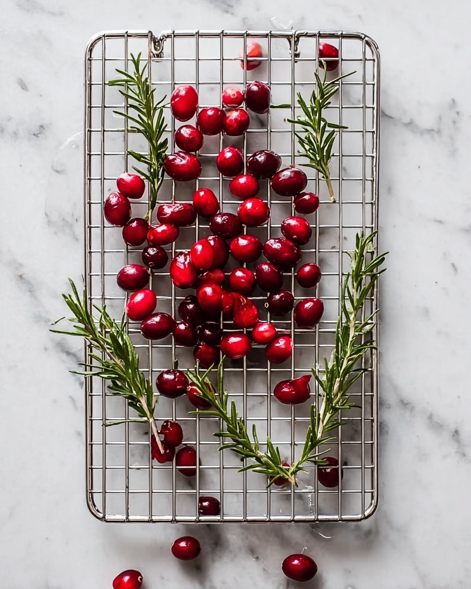 The image shows many small round tarts arranged on a round black wire rack placed over a white marbled surface. Each tart has a slightly rough, light beige crust forming the base and sides, filled with a smooth, dark red filling that looks like jam or jelly. On top of the red filling, each tart has two or three small, round, light pink berries covered in a snowy, frosted coating. Some tarts have a sprig of green herb placed upright inside. Around the rack, there are several frosted berries and a few green herb sprigs scattered on a cream-colored cloth with a soft texture and fringed edges. A small silver bell is seen on the lower left corner of the image. The scene is bright with soft natural light and a clean, white marbled surface in the background. Photo taken with an iphone --ar 4:5 --v 7