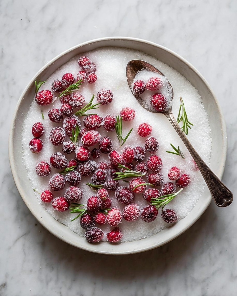 A round white plate filled with a layer of white granulated sugar covering the bottom, topped with scattered bright red cranberries that are lightly coated with sugar crystals, along with green rosemary sprigs mixed among the cranberries. On top of the sugar, near the center-right, an old silver spoon rests with a small pile of sugar and a single cranberry on it. The plate is placed on a white marbled surface. Photo taken with an iphone --ar 4:5 --v 7
