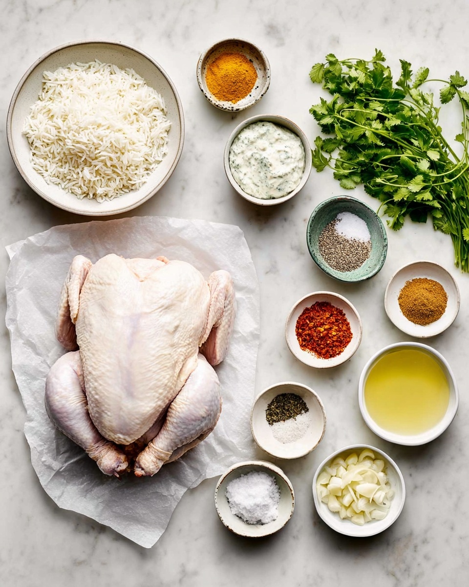 Tandoori Chicken Recipe 4 The image shows a whole raw chicken placed on white paper on a white marbled surface, surrounded by small white bowls filled with different spices and ingredients. On the left side, there is a white bowl with cooked rice and another white bowl with a creamy herb sauce. Small bowls contain black pepper, salt, ground spices like turmeric, chili powder, and cumin, as well as minced garlic and chopped onions. On the right side, there is a bunch of fresh green herbs and a small white bowl with a light yellow liquid, likely oil or lemon juice. All ingredients are neatly arranged around the chicken, ready for cooking. Photo taken with an iphone --ar 4:5 --v 7