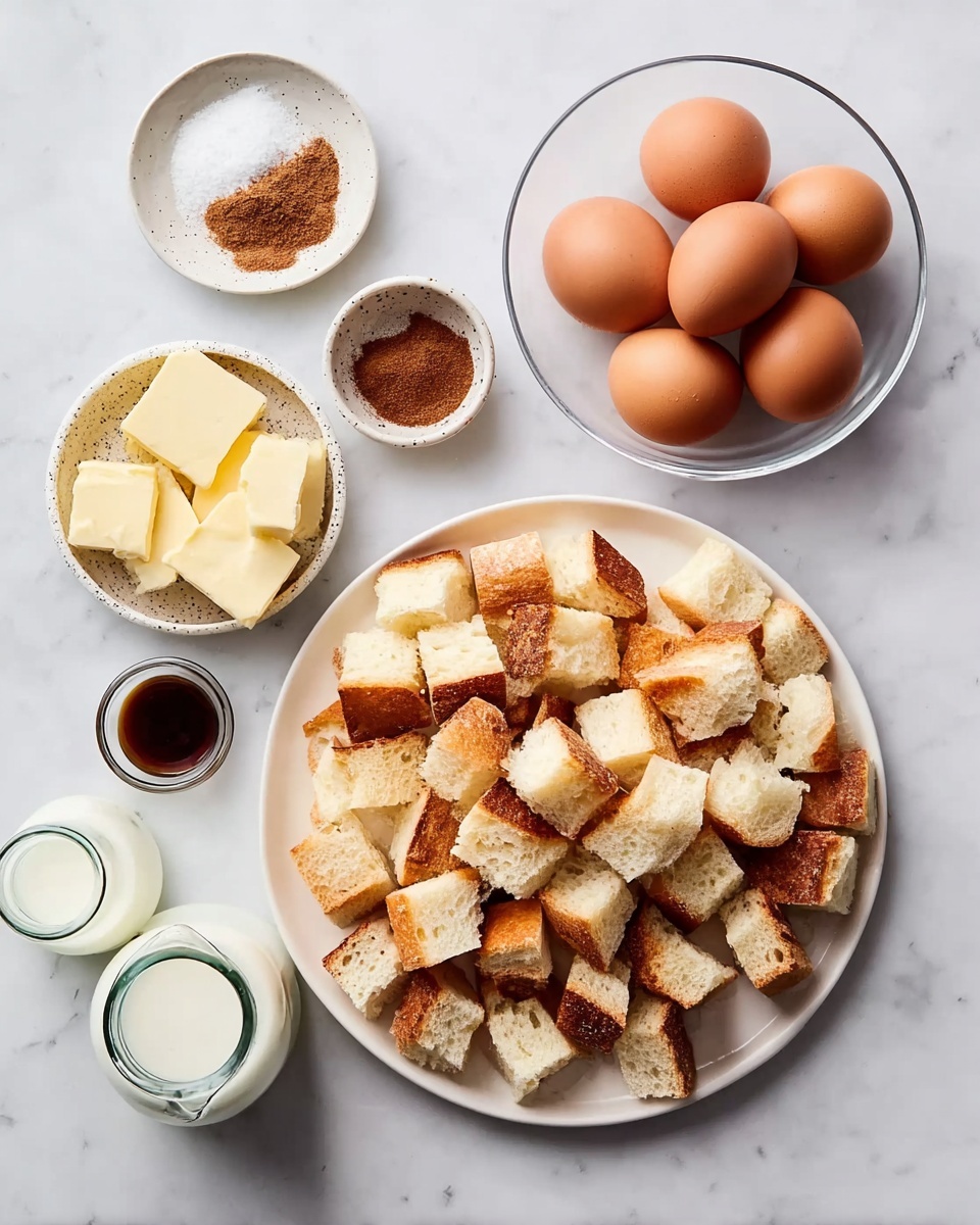 The image shows several white dishes arranged on a white marbled surface. On the right, a large white plate is filled with many pieces of cubed bread that are golden brown on the crust and soft white inside. On the left side, there is a clear round plate holding six brown eggs. Nearby, a small white dish holds a mound of cinnamon powder. Below these, a small white bowl contains a dark liquid, and next to it, a speckled white bowl holds two pieces of pale yellow butter. Two glass bottles sit at the bottom left, one filled with white milk and the other empty. photo taken with an iphone --ar 4:5 --v 7