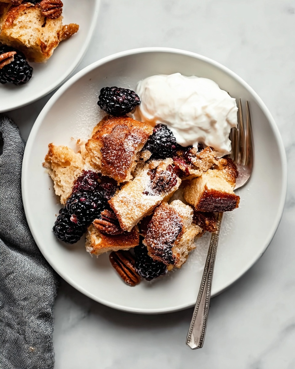A white plate holds a layered mix of toasted golden-brown bread pieces with a soft, airy inside, topped with sprinkled powdered sugar and cinnamon dust. Scattered between the bread chunks are shiny black blackberries and small pieces of pecans adding texture and dark brown color. On one side of the plate, a creamy white dollop of whipped cream rests smooth and thick. A silver fork lies next to the bread on the plate, all set on a white marbled surface with part of a gray cloth visible nearby. Photo taken with an iphone --ar 4:5 --v 7