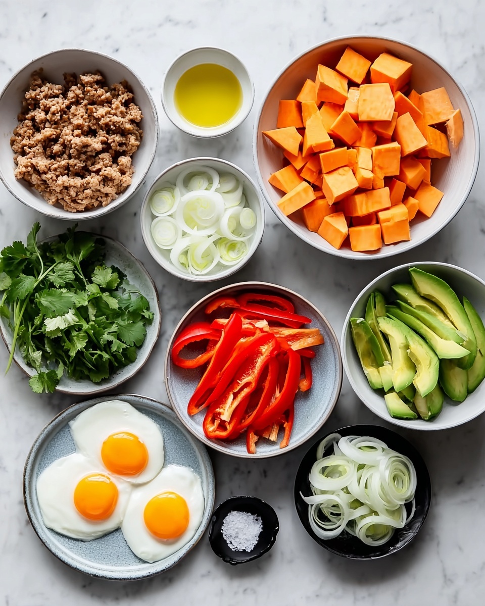 The image shows eight white bowls and plates arranged on a white marbled surface, each holding a different fresh ingredient. Starting from the top left, there is a bowl with cooked ground meat that is brown and crumbly. To its right is a large bowl filled with bright orange sweet potato cubes. Next to it is a small white bowl with a small amount of yellow oil. Below that, a plate contains bright red bell pepper slices. At the bottom right, there is a bowl with light green avocado slices. Moving left, another bowl contains crunchy green bell pepper strips. Above that is a small bowl with white, thinly sliced onions. To the bottom left, a plate holds four sunny-side-up eggs with bright orange yolks surrounded by white cooked egg whites. Near the eggs is a small black dish with coarse white salt. Some green cilantro leaves are placed loosely on the surface near the bowls. The photo taken with an iphone --ar 4:5 --v 7
