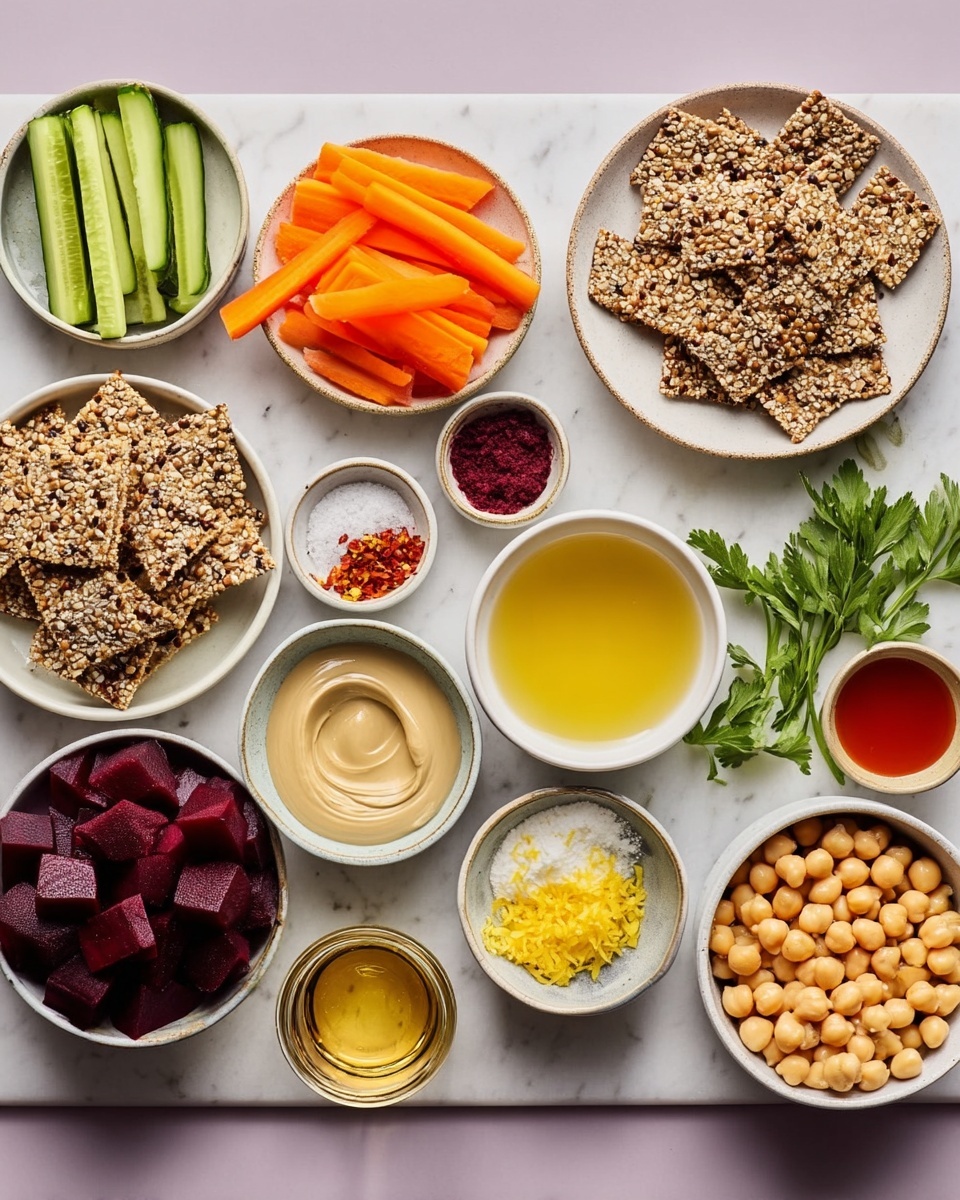 The image shows several small white bowls and plates arranged neatly on a white marbled surface, each holding different ingredients. From top left, there are green cucumber sticks and orange carrot sticks placed on white plates alongside crispy seed crackers with pumpkin and flax seeds. Near the center are bowls containing dark red diced beets, pale beige tahini sauce, light yellow lemon juice, golden liquid (likely apple cider vinegar), chickpeas, and small portions of salt, minced garlic, chili flakes, red liquid (probably hot sauce), and finely grated yellow lemon zest. Fresh parsley leaves appear on the upper right side as a garnish. The colors vary from bright vegetables and seeds to pale sauces and rich earthy tones, all displayed in an orderly and clean setup. Photo taken with an iphone --ar 4:5 --v 7