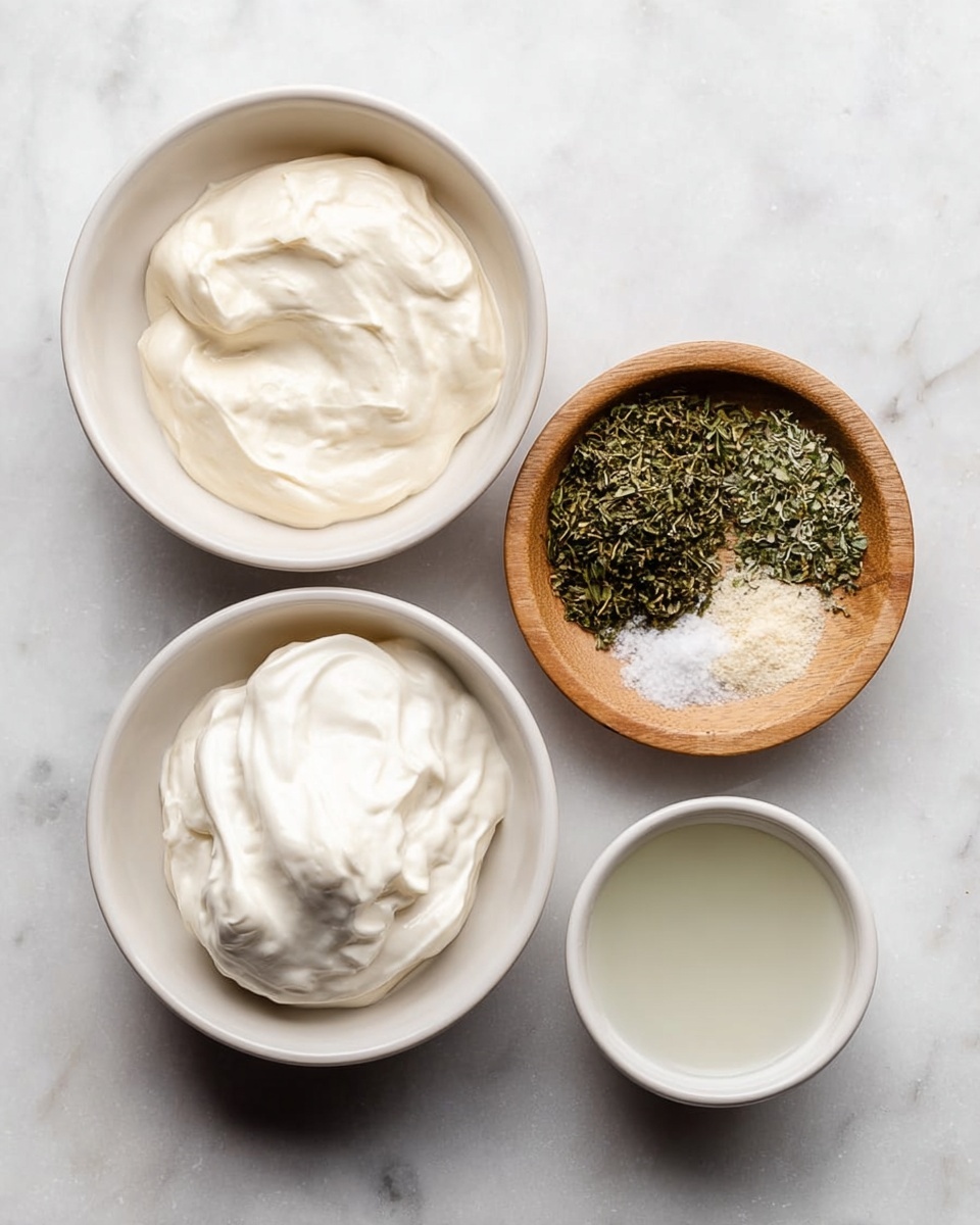 Homemade Ranch Dressing Recipe 4 A clear glass jar filled with a thick, creamy white sauce speckled with small green herbs. A spoon covered with the same sauce is held above the jar, with the sauce slowly dripping back into it. The jar is placed on a white marbled surface with two green parsley leaves near the bottom left corner. photo taken with an iphone --ar 4:5 --v 7