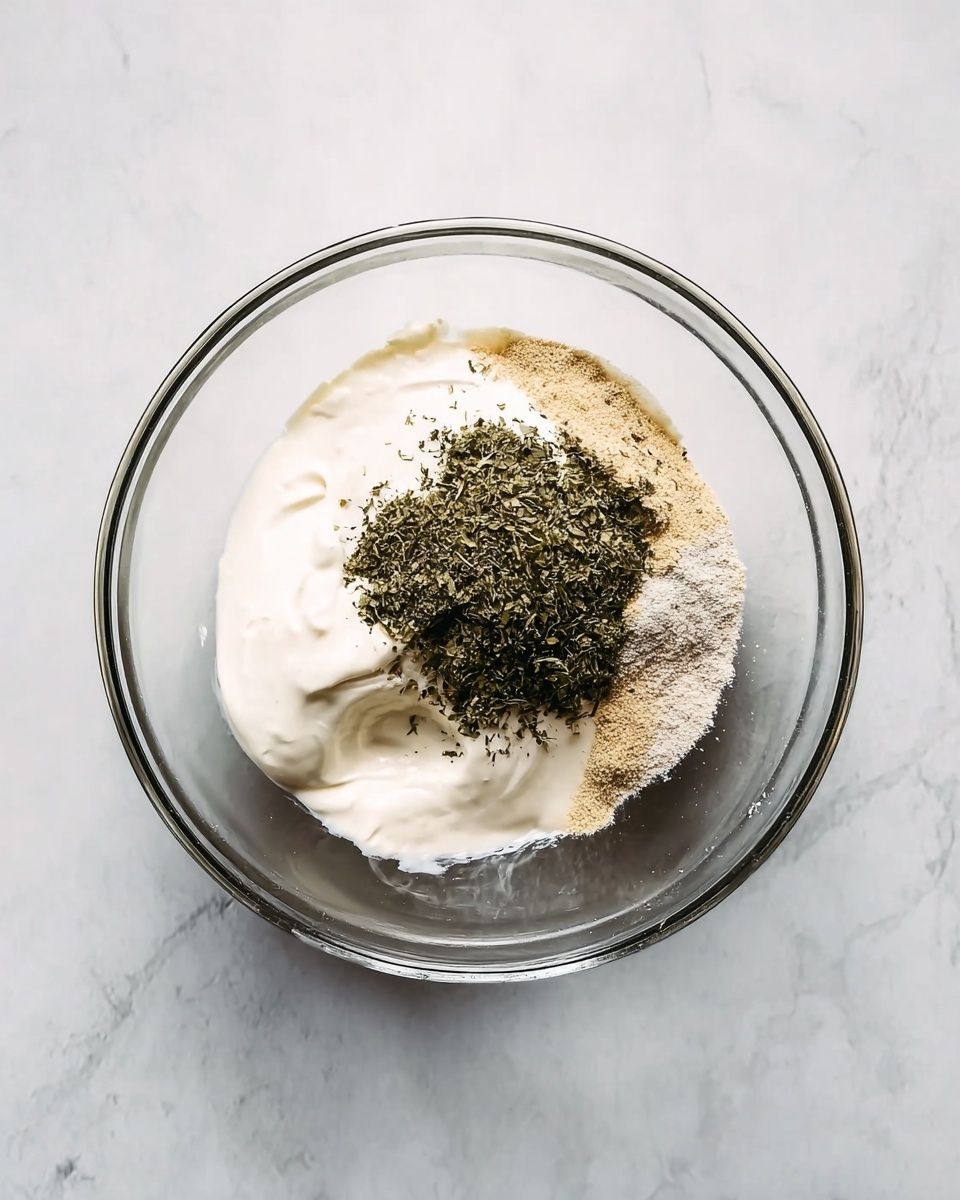 Homemade Ranch Dressing Recipe 5 A clear glass bowl seen from above sits on a white marbled surface. Inside the bowl, there are three main layers: a thick white creamy base spread across the bottom, a sprinkling of fine beige powder on the right side of the creamy base, and a pile of dark green dried herbs placed at the center of the bowl. The creamy base has a smooth and soft texture, the powder appears dry and finely ground, and the herbs are small and flaky. The lighting is bright and soft, making the textures and colors clear. photo taken with an iphone --ar 4:5 --v 7