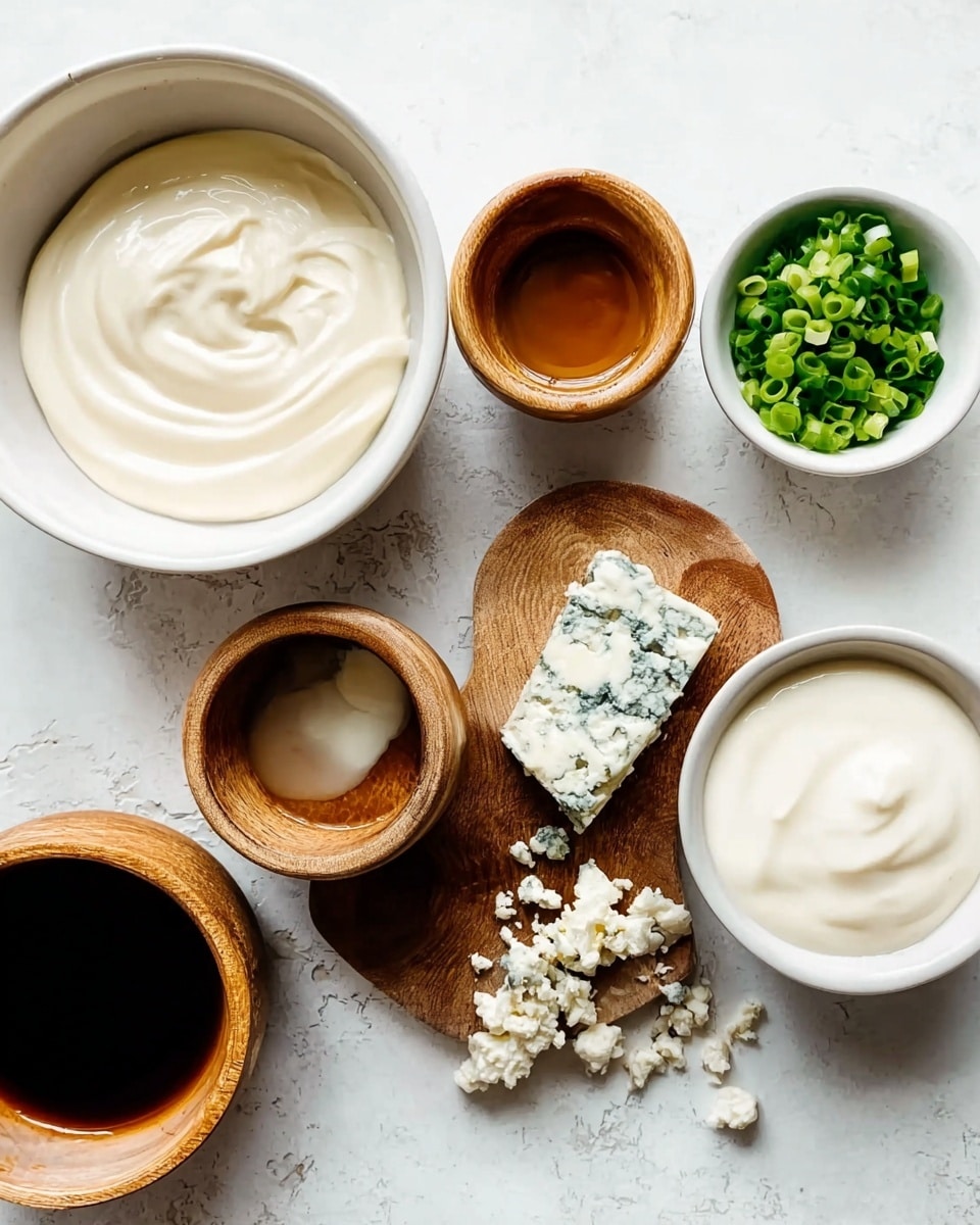 The image shows several small white bowls and wooden bowls placed on a white marbled surface. One large white bowl on the left holds a thick, creamy white sauce with soft swirls. Nearby, a wooden bowl contains a dark brown liquid, and another wooden bowl holds a lighter brown liquid with small strands in it. In the center right, a wooden plate has a chunk of crumbly blue cheese with white and blue-green spots. Another white bowl on the far right contains a smooth, thick white cream. A small white bowl in the top center is filled with chopped green onions. Photo taken with an iphone --ar 4:5 --v 7