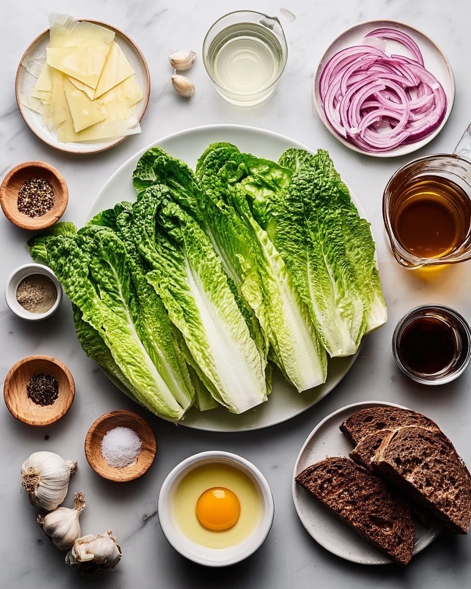 The image shows a white plate in the center with several large fresh green lettuce leaves, some darker and some lighter in color, arranged neatly with the leaves overlapping. Around the plate on a white marbled surface are small white bowls and wooden bowls holding various ingredients: slices of red onion in a white bowl, thin pale yellow cheese shavings in another white bowl, two pieces of dark brown bread on a white plate, an egg yolk in a small bowl, and small bowls with black pepper, salt, soy sauce, garlic, oil, apple cider vinegar, and a few whole spices. A clear glass with water and a brown liquid in a glass pitcher are also visible. The items are placed evenly and neatly in a flat lay style, with bright and natural lighting. Photo taken with an iphone --ar 4:5 --v 7