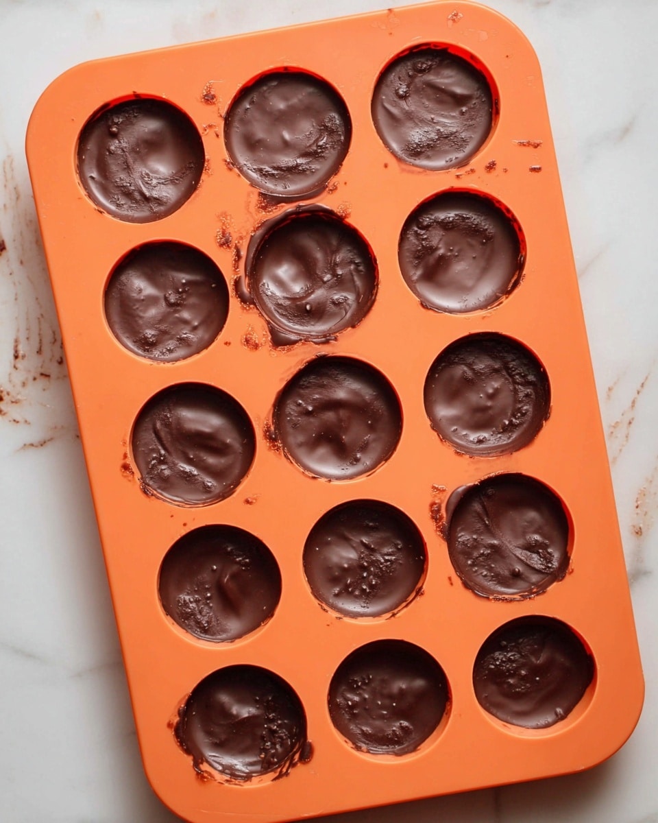 A small white bowl holds several dark brown chocolate pieces shaped like pumpkins. Each piece has two layers, a smooth dark chocolate outer layer and a light brown peanut butter filling inside. One chocolate piece is cut open and placed on top to show the creamy peanut layer inside. The bowl sits on a white marbled surface with a white towel underneath that has small pink and black pumpkin faces printed on it. photo taken with an iphone --ar 4:5 --v 7