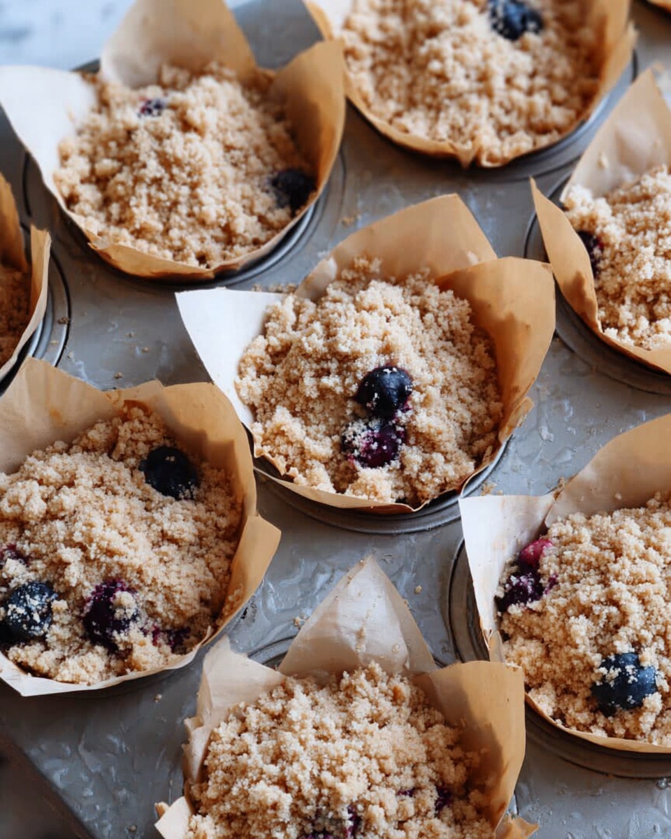 A tray of blueberry muffins wrapped in light brown parchment paper is arranged around a small white bowl filled with fresh, plump blueberries. Each muffin has a golden brown crumb topping with visible blueberries baked inside, showing blue and purple spots. The muffins have a slightly cracked surface revealing a soft, light inside with darker blueberry patches. The background is a white marbled surface, and a couple of loose blueberries and a woman's hand holding a white bowl of blueberries are visible near the edges of the tray. photo taken with an iphone --ar 4:5 --v 7