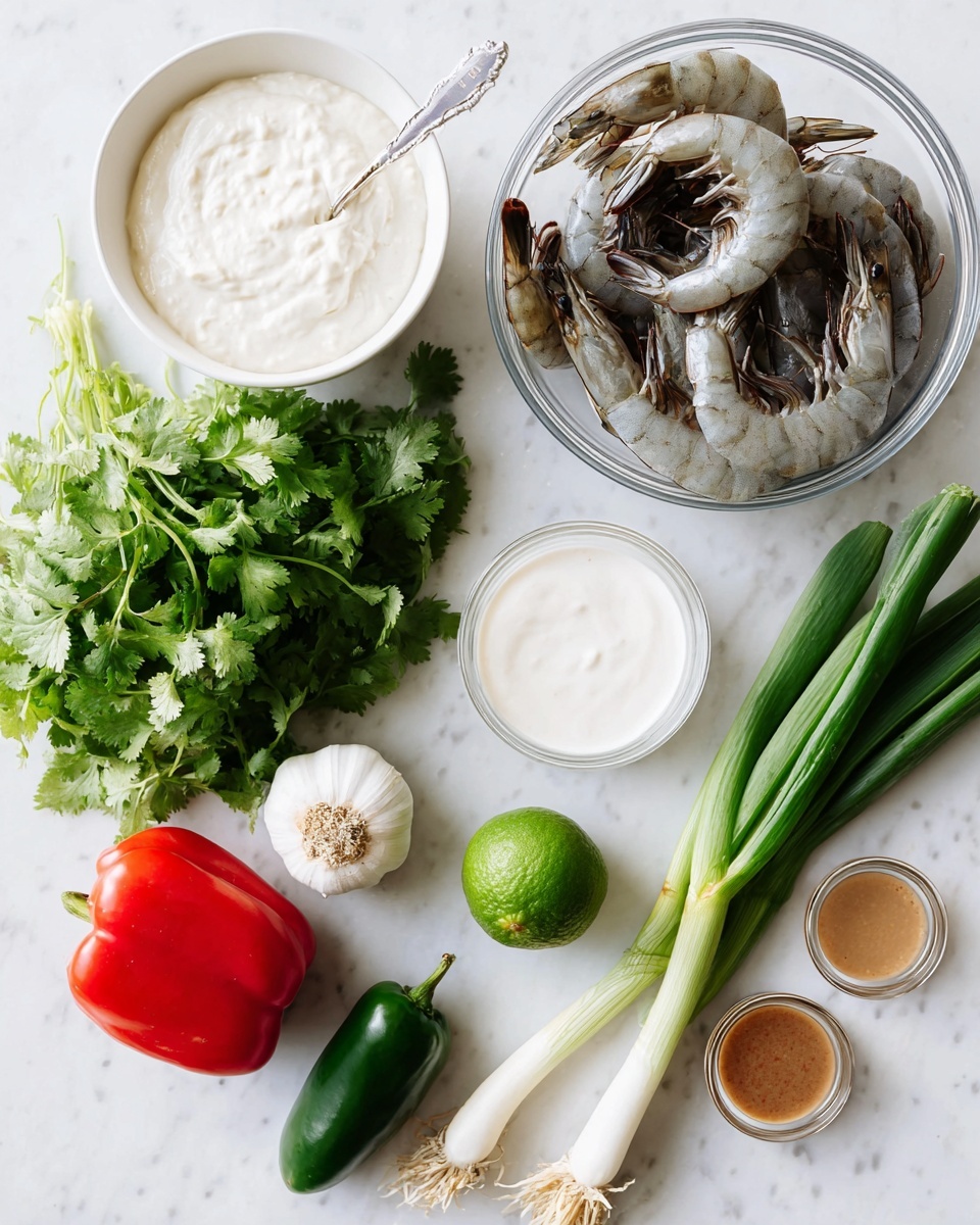 The image shows several fresh ingredients arranged neatly on a white marbled surface. At the top right, a clear glass bowl is filled with raw, greyish-white shrimp with dark tails. Below and to the left sits a small white bowl containing creamy white sauce with a silver spoon resting inside. Nearby is a bunch of bright green cilantro with delicate leaves and thin stems. To the right of the cilantro are some long, green spring onions with white bulbs at the bottoms. A whole red bell pepper sits at the bottom left, next to a dark green jalapeño pepper. In the center is a whole bright green lime. A whole white garlic bulb is placed near the spring onions. Additionally, there is a small clear bowl with white creamy sauce and another small white bowl with a light brown sauce. Everything is placed on a clean white marbled backdrop. Photo taken with an iphone --ar 4:5 --v 7