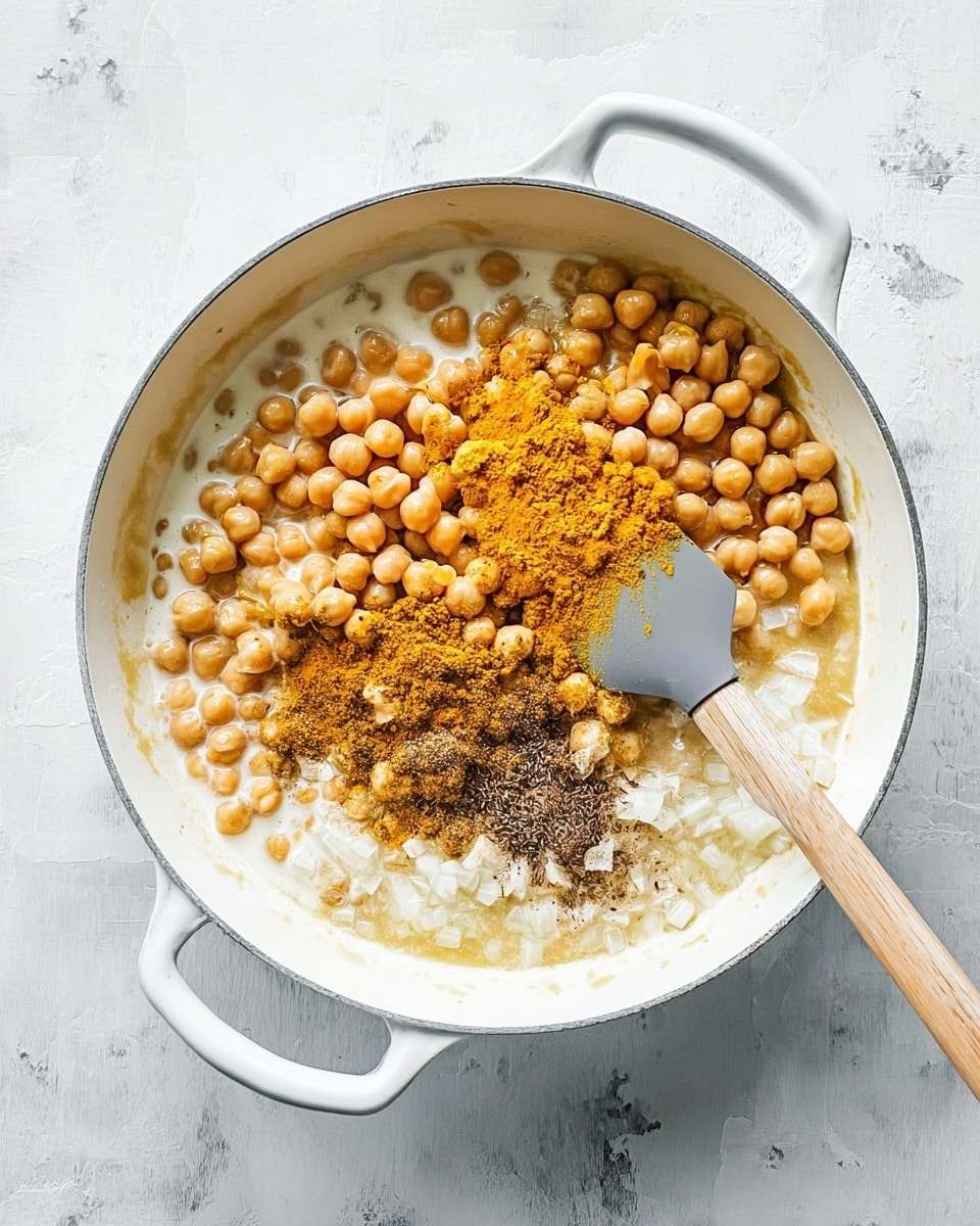 In a white pan with two handles, there is a mix of ingredients being cooked on a white marbled surface. The bottom layer is finely chopped white onions, partially cooked and covered with a creamy liquid. Above this, there are many round, beige chickpeas spread mostly on one half of the pan. On the chickpeas and cream mixture, there is a pile of bright orange-yellow turmeric powder and some dark brown spice, adding color contrast. A gray spatula with a wooden handle touches the spices and chickpeas on the right side, slightly swirling the orange-yellow powder into the cream. Photo taken with an iphone --ar 4:5 --v 7