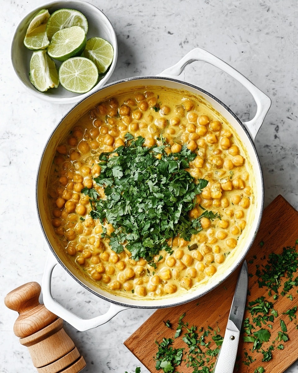 A white pot filled with a creamy yellow chickpea curry with visible soft onions mixed in, topped with a generous pile of fresh green chopped cilantro at the center. To the left, there is a small white bowl holding two lime halves and a wooden citrus reamer. At the bottom right, a wooden cutting board with scattered cilantro and a white-handled knife with chopped cilantro around it are seen. The background is a white marbled textured surface. photo taken with an iphone --ar 4:5 --v 7