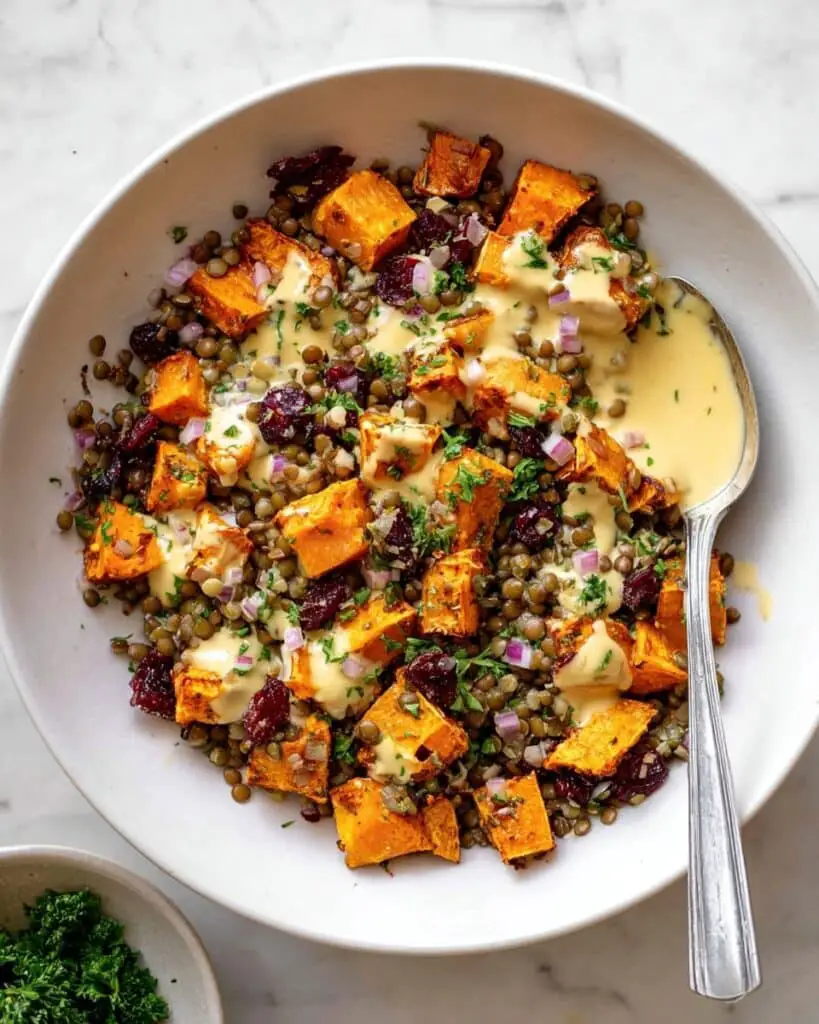 Sweet Potato Salad with Lentils, Cranberries, and Maple Mustard Tahini Dressing Recipe