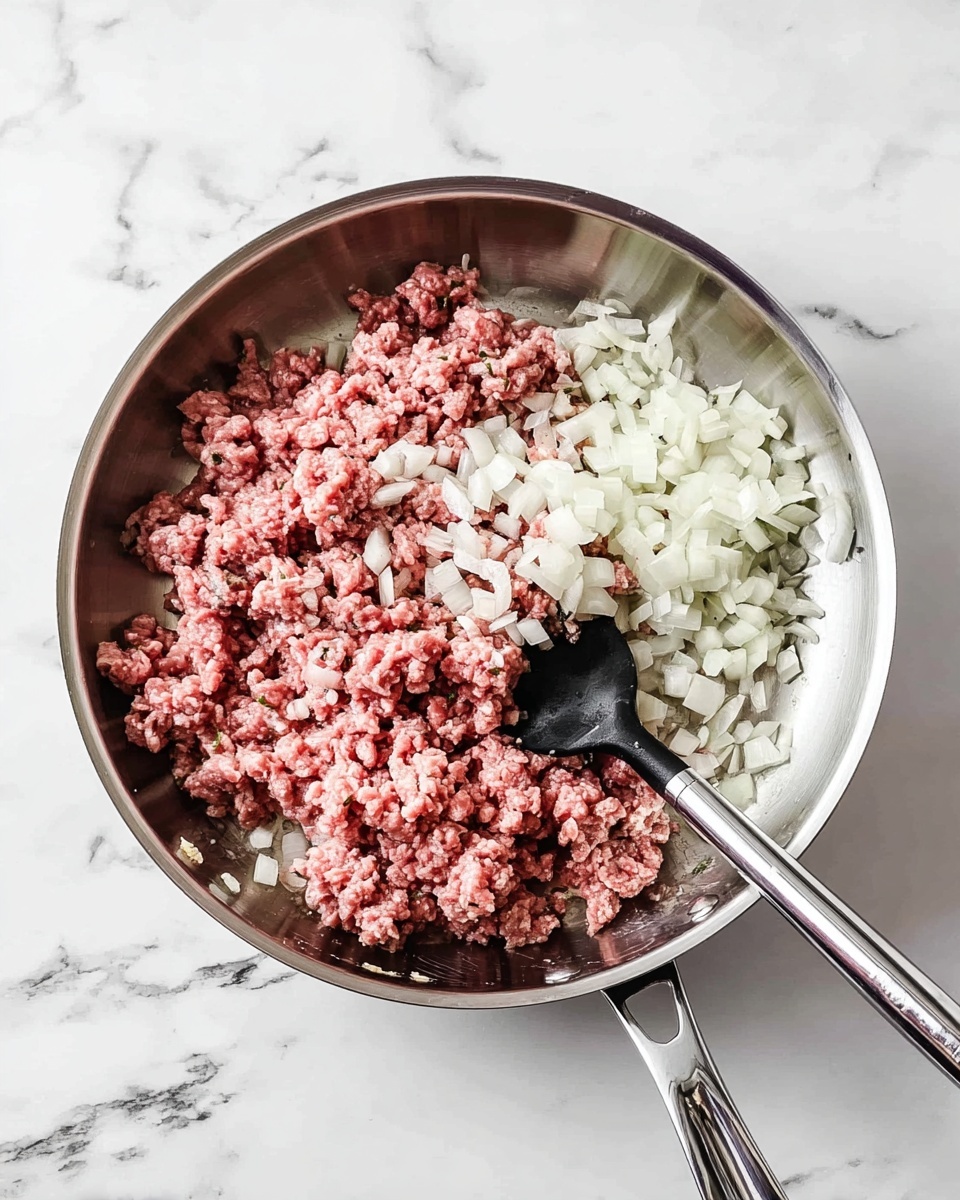 A shiny silver frying pan on a white marbled surface holds one layer of raw ground meat with a pink color and a layer of chopped white onions scattered around and mixed with the meat; a black spoon with a silver handle is resting inside the pan, touching the meat and onions. photo taken with an iphone --ar 4:5 --v 7