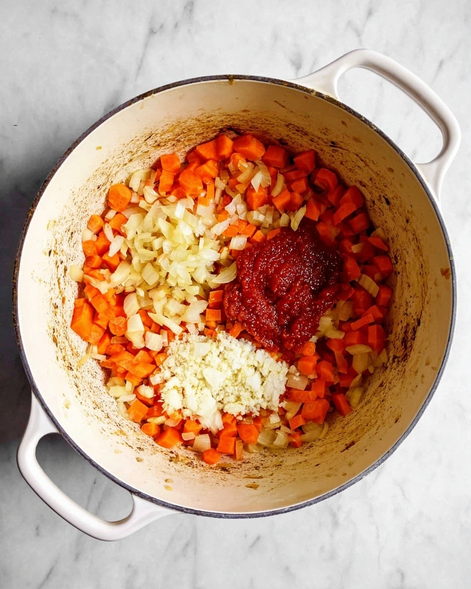 A white pot filled with three layers of ingredients on a white marbled surface: the bottom layer is a mix of cooked orange carrot slices and translucent, slightly browned onion pieces scattered evenly; next to the middle are two small piles, one of finely minced white garlic and the other of thick, bright red tomato paste. The inside of the pot shows some browned spots from cooking. Photo taken with an iphone --ar 4:5 --v 7