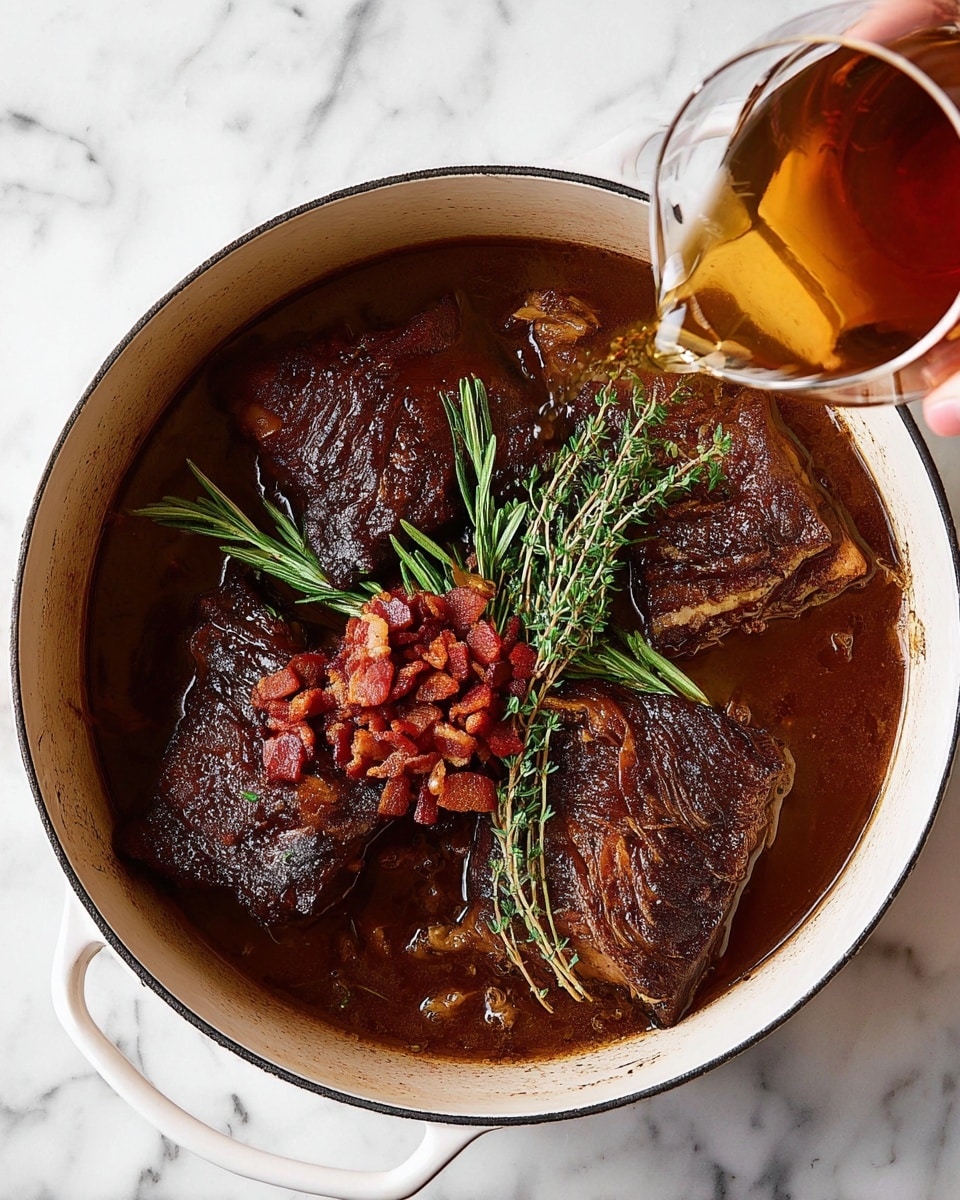 The dish shows two main layers on a white plate placed on a white marbled surface. The bottom layer is a smooth, light cream-colored mashed potato spread evenly in a circular shape. On top, there is a thick pile of dark brown, tender shredded meat mixed with bright orange carrot slices and small pieces of translucent onion in a rich, glossy brown sauce. The dish is sprinkled with fresh green chopped herbs for color contrast. A silver spoon rests on the right side of the plate. Photo taken with an iphone --ar 4:5 --v 7