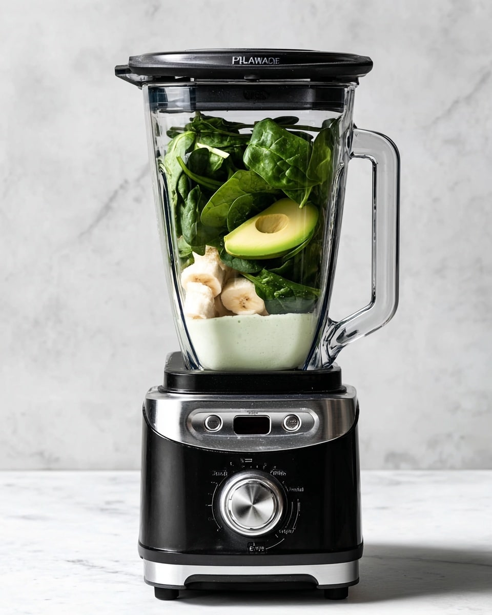 A clear blender jar sits on a sleek black base with silver accents and a round control knob in the front center. Inside the jar, the bottom layer is white liquid, with bright green spinach leaves above it. On top of the spinach, there are sliced green apple pieces, followed by a peeled banana lying horizontally. Above the banana, more green spinach leaves and half an avocado with its light green flesh visible rest at the top. The whole blender is placed on a white marbled surface with a clean white marbled background. photo taken with an iphone --ar 4:5 --v 7