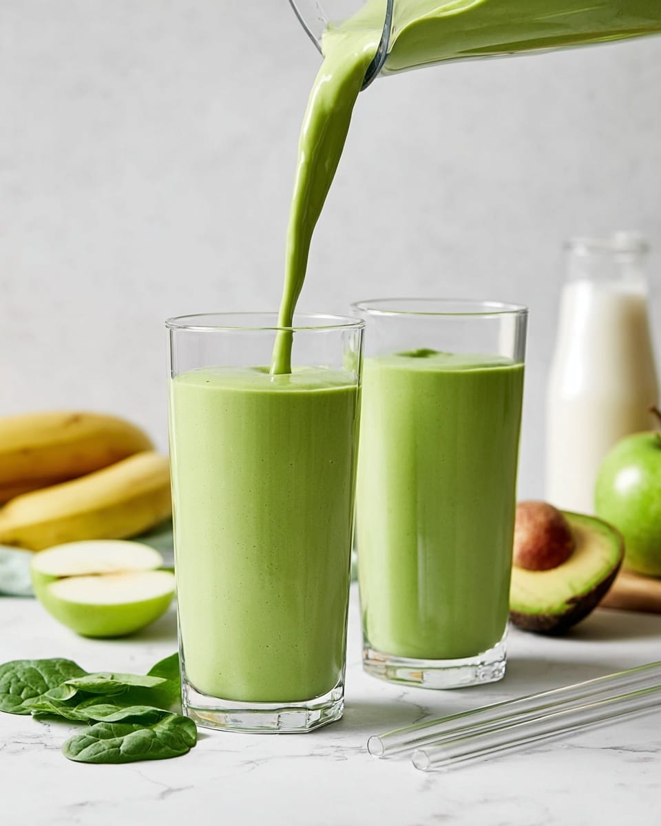 The image shows two tall clear glasses filled with smooth green smoothie, one glass is being filled with green smoothie pouring from a blender above. The smoothie has a thick, creamy texture with a bright green color. In the background, there are fresh green apple halves, a few yellow bananas, a halved avocado, a glass bottle of milk, and some spinach leaves on a white marbled surface. Two clear straws lie near the base of the glasses. The overall setting is bright and clean with a fresh, healthy vibe. photo taken with an iphone --ar 4:5 --v 7