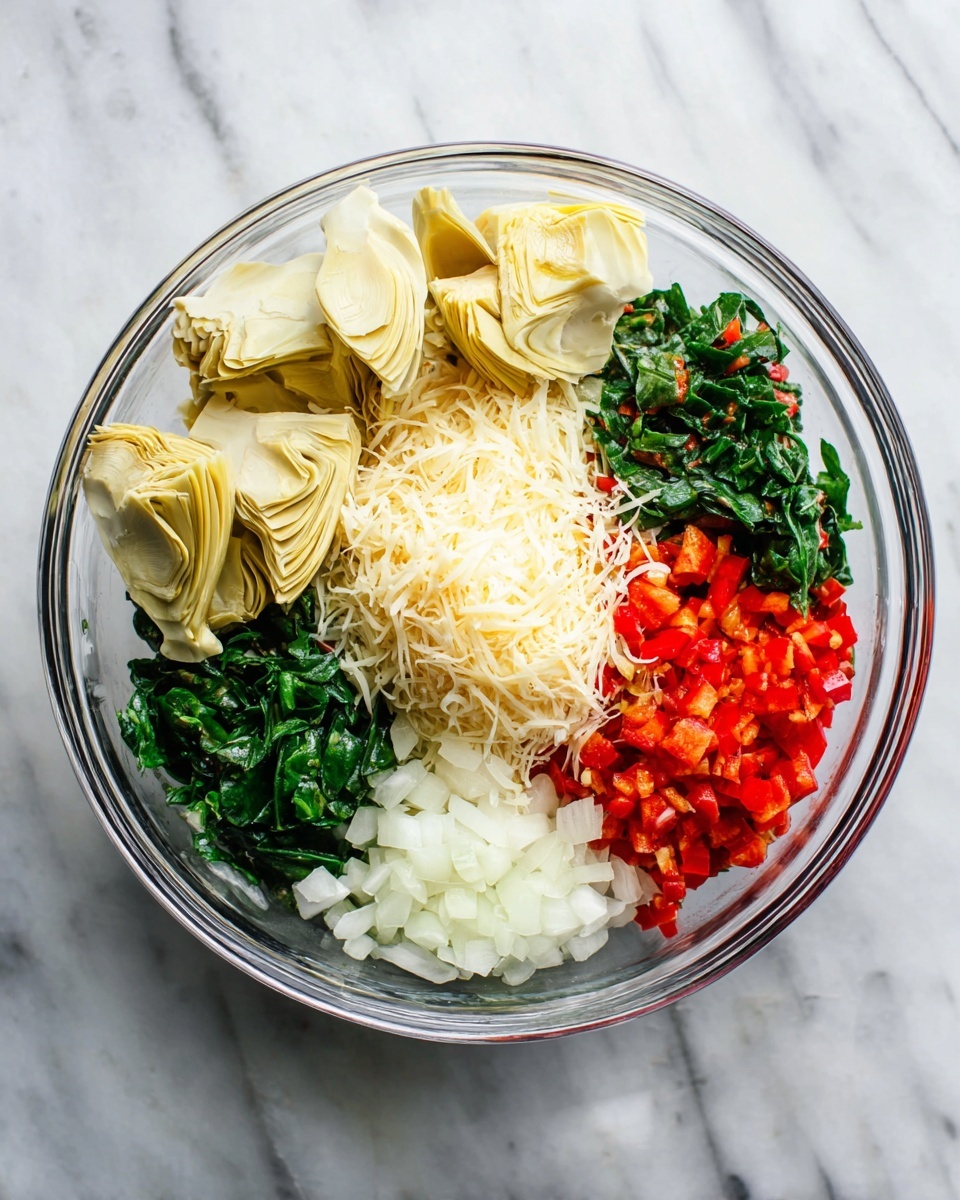 A clear glass bowl holds five colorful layers of ingredients arranged separately. At the top left, pale yellow artichoke hearts with smooth, soft layers sit next to a pile of bright green, finely chopped spinach at the top right. Below the spinach in the center is a mound of thin, off-white shredded cheese. At the bottom right, small red diced bell peppers add a bright pop of color. Finally, at the bottom left, there is a layer of finely chopped white onions. The bowl is placed on a white marbled surface. photo taken with an iphone --ar 4:5 --v 7