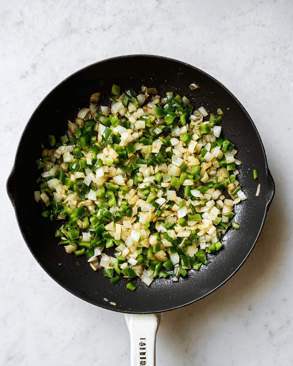 A black pan with a white handle sits on a white marbled surface. Inside the pan, there is a single layer of small, cooked vegetable pieces spread evenly in a circular shape, showing mostly white and green colors. The vegetables appear soft with some light browning, giving a mix of white onion chunks and green bell pepper pieces. There is no other food or decoration visible. Photo taken with an iphone --ar 4:5 --v 7