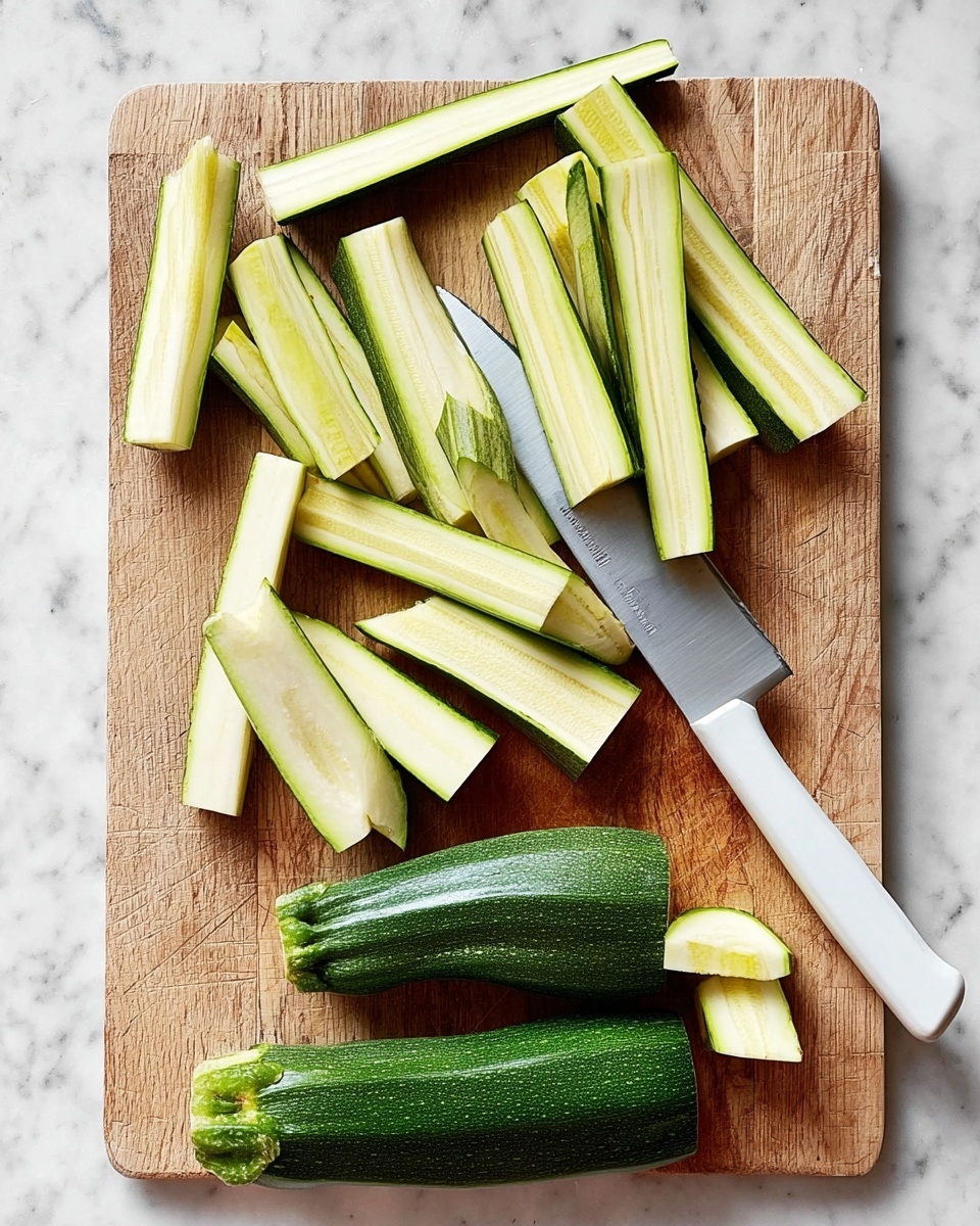 A wooden cutting board sits on a white marbled surface, holding several pieces of green zucchini sliced into long sticks with pale green inner flesh showing. Two whole zucchinis rest at the bottom of the board, one cut in half. A large knife with a white handle lies diagonally on the board beneath some zucchini sticks, its shiny steel blade visible. The wooden board has a natural grain texture with light and dark patches. Photo taken with an iphone --ar 4:5 --v 7