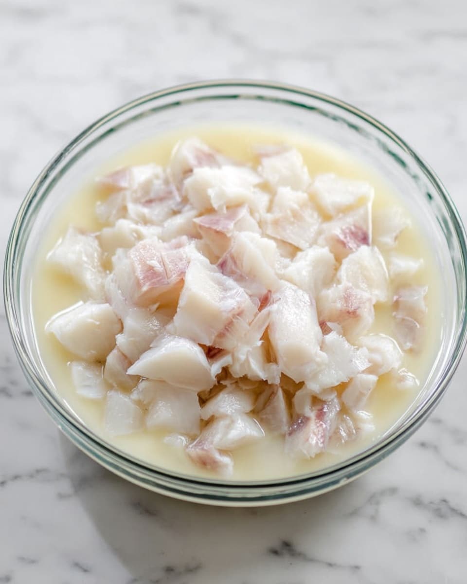 A clear glass bowl filled with many small white pieces of fish soaking in a light milky liquid. The fish pieces vary in size and have a soft texture with some light pink tints. The bowl sits on a white marbled surface, showing a clean, bright kitchen setting. Photo taken with an iphone --ar 4:5 --v 7