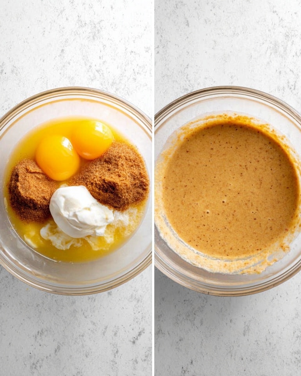 Two side-by-side photos of a clear glass bowl on a white marbled surface. The left photo shows the bowl with separate ingredients: two whole raw eggs that are bright yellow, melted butter that is shiny and light yellow, a pile of brown sugar, and a dollop of white creamy substance, all unmixed and sitting next to each other. The right photo shows the same bowl but now the ingredients are fully mixed into a smooth, light brown batter with some tiny specks visible. The bowl is round and transparent, showing the texture clearly. Photo taken with an iphone --ar 4:5 --v 7