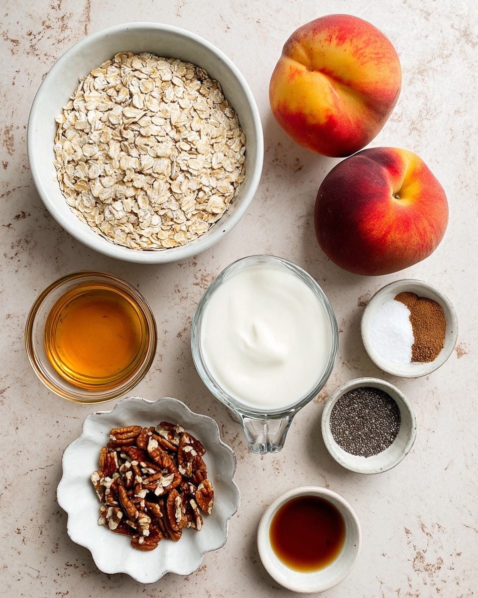 A top-down view of various ingredients neatly arranged on a white marbled surface: a large white bowl filled with light tan rolled oats takes the top left; to its right, two whole peaches with fuzzy skin, blending red, orange, and yellow colors; below the peaches, a glass measuring jug filled with white milk; to the left of the milk, a small glass bowl of golden honey; under the honey, a white bowl holding creamy white yogurt; next to the yogurt, a white scalloped bowl filled with chopped brown pecans; below the pecans, a small white bowl of black chia seeds; to the left of the chia seeds, a small plate with three spices—white powder, brown powder, and salt; finally, in the bottom right corner, a small white bowl filled with dark amber liquid, likely vanilla extract, photo taken with an iphone --ar 4:5 --v 7