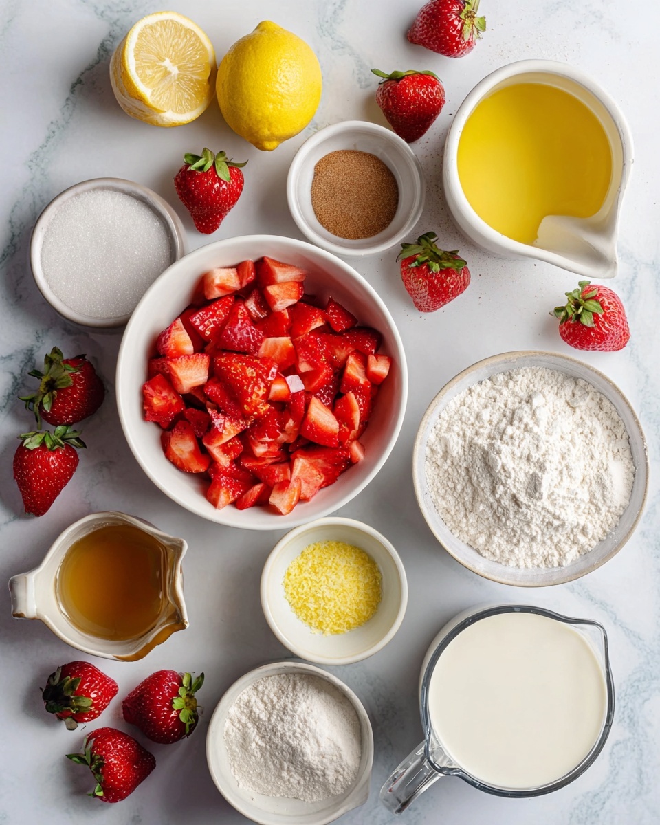 The image shows various ingredients for a recipe arranged on a white marbled surface. In the center, there is a white bowl filled with chopped bright red strawberries. To the top right, a white juicer holds freshly squeezed yellow lemon juice with a halved lemon and a squeezed lemon rind nearby. Surrounding these are small white bowls containing white granulated sugar, yellow lemon zest, and brown sugar. A clear measuring jug with white milk is placed at the bottom right, next to a small white bowl of white flour and another bowl with white baking powder or cornstarch. A small glass pitcher holds light yellow liquid, likely oil. Several whole strawberries are scattered around the bowls. The image is bright and clean, with all items clearly visible. Photo taken with an iphone --ar 4:5 --v 7