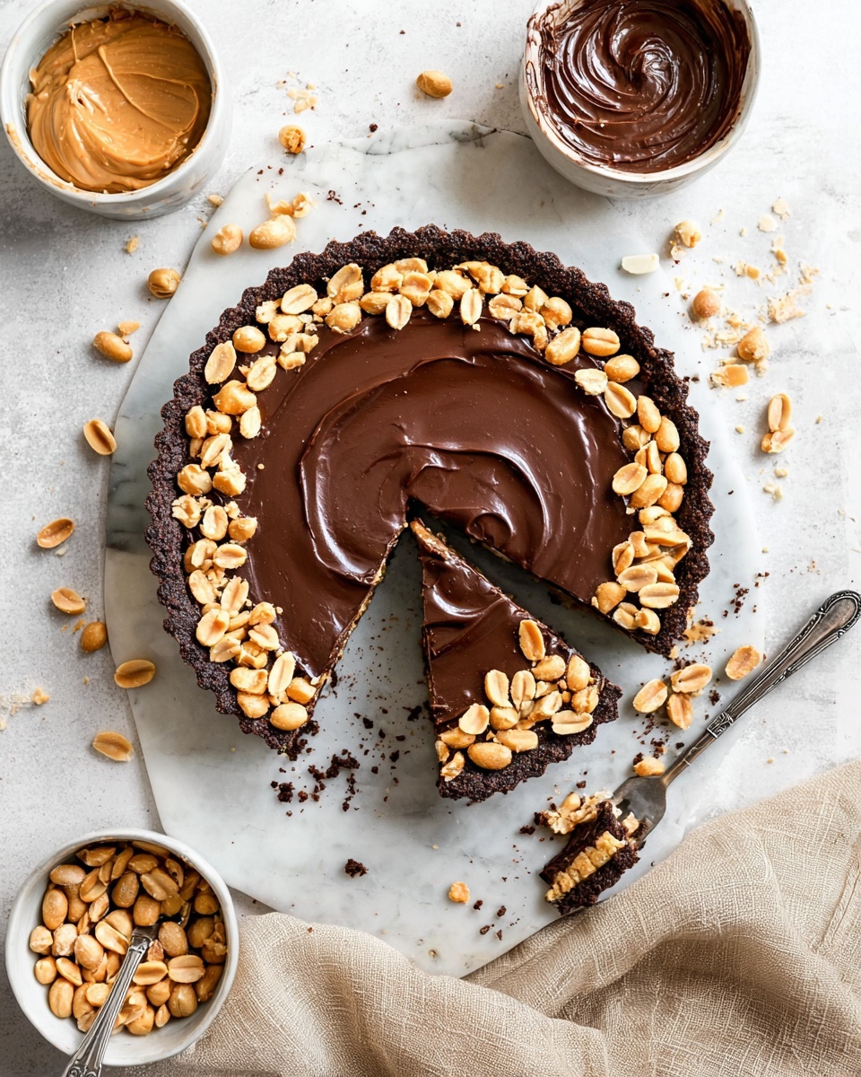 A slice of chocolate tart is shown on a white plate with a thin black rim, placed on a white marbled surface. The tart has three visible layers: a bottom dark brown, crumbly crust with small nut pieces, a middle light brown creamy layer filled with chopped nuts, and a smooth, glossy dark chocolate top layer. The tart top is sprinkled with whole and broken light brown nuts. A vintage silver fork is pressing into the tart from the left side. The background is softly blurred with faint shapes and colors. Photo taken with an iphone --ar 4:5 --v 7