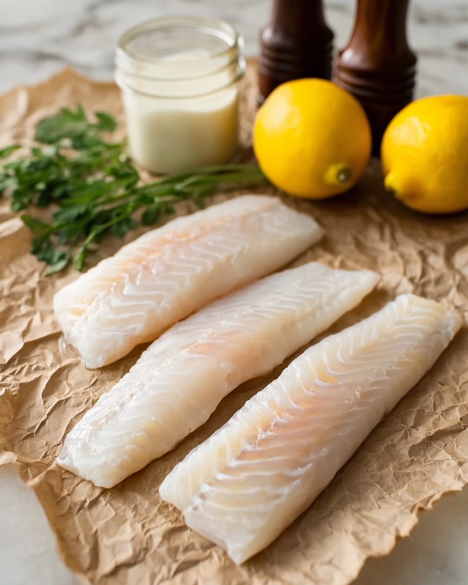 Three raw fish fillets with a pale cream and light pink color and slightly shiny texture lie next to each other on crinkled beige parchment paper. Behind the fillets, there are two bright yellow lemons, some fresh green herbs, a small glass jar with a white sauce, and a dark wooden pepper grinder, all on a white marbled surface. photo taken with an iphone --ar 4:5 --v 7