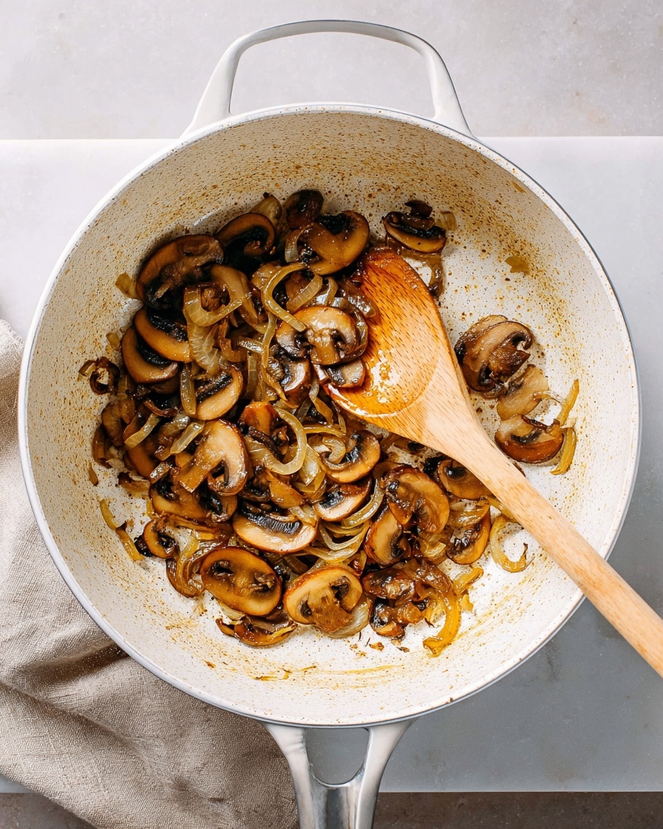 A white pot with speckled texture holds sautéed mushrooms and onions mixed together. The mushrooms are sliced, showing a brown and light tan color with a soft texture, while the onions are thin, caramelized, and golden brown. A wooden spoon with a light natural wood color rests inside the pot, partially lifting some of the mushrooms and onions. The pot is positioned on a white marbled surface with a cloth napkin visible on the side. photo taken with an iphone --ar 4:5 --v 7