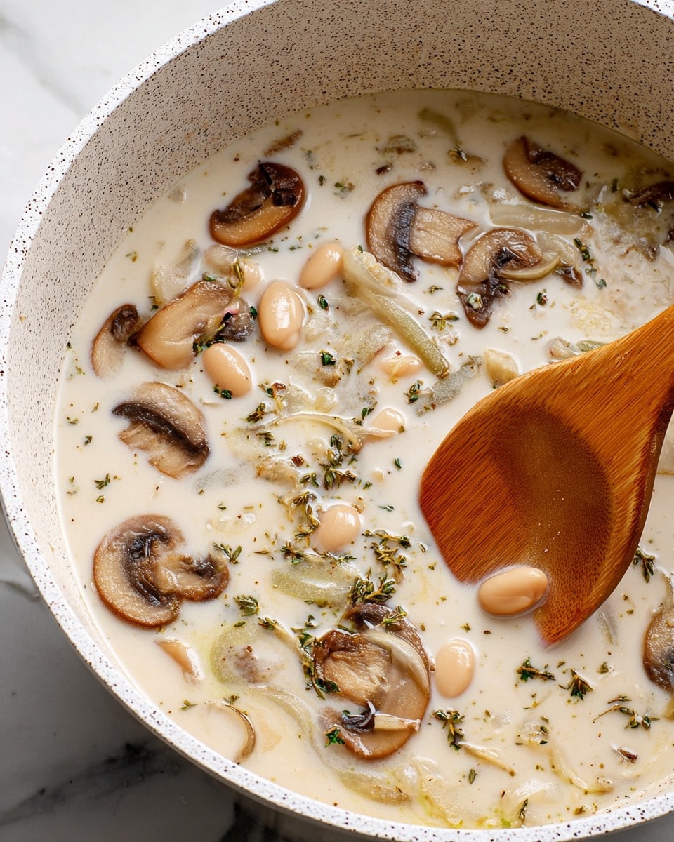 A white bowl filled with creamy beige soup dotted with pale beans, dark green leafy spinach, and thin slices of brown mushrooms, topped with a sprinkle of black pepper. Two pieces of golden toasted bread rest on the right edge of the bowl, showing a crispy texture. Around the bowl on a white marbled surface are a halved lemon, a small white bowl of peppercorns, scattered leafy greens, and toasted bread crumbs. The overall colors are warm and natural, with a clean, fresh setting. photo taken with an iphone --ar 4:5 --v 7