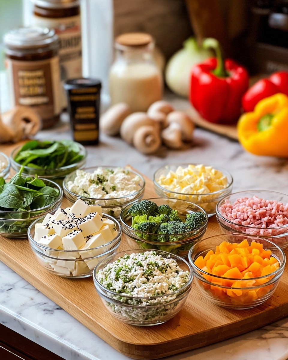 A wooden board holds ten clear glass bowls arranged in two close rows. The front row from left to right shows white cubed cheese with black seeds, fresh green spinach leaves, white crumbled cheese mixed with green herbs, and small orange diced bell peppers. The back row from left to right contains green broccoli florets, small white curd cheese, finely chopped pink-colored deli meat, and a bowl of yellow diced bell peppers. Behind the board, on a white marbled kitchen counter, are a bowl of red bell peppers, a jar of creamy white liquid, a brown container with black text, and a pile of whole mushrooms blurred in the background. Photo taken with an iphone --ar 4:5 --v 7