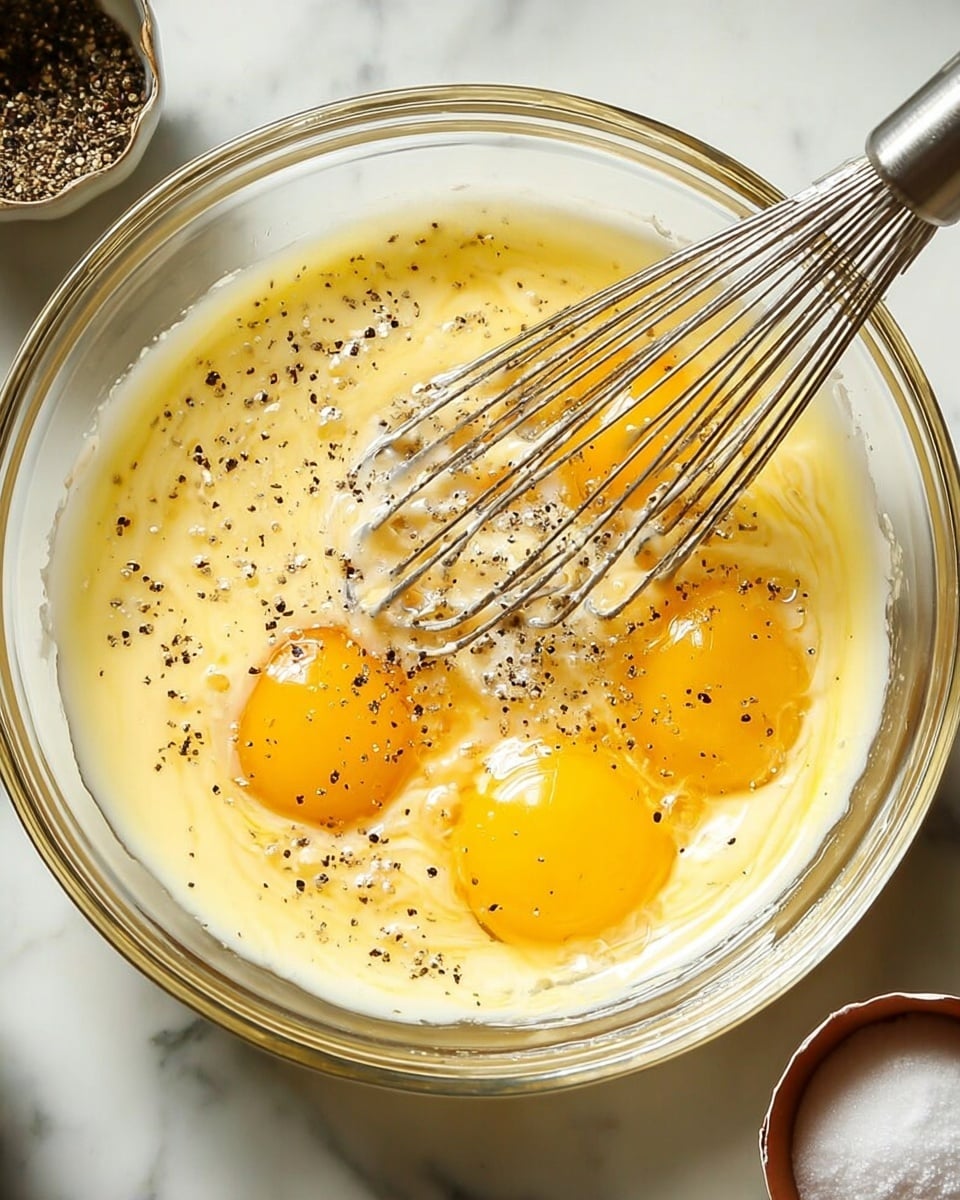 A clear glass bowl is filled with a mixture of five egg yolks and whites that are in the process of being whisked, with a silver whisk partially submerged in the eggs. The eggs are light yellow and creamy, with visible black pepper sprinkled on top. The bowl sits on a white marbled surface, and parts of two small containers, one with black pepper and the other with a white substance, are visible in the corners. The scene is brightly lit, highlighting the texture of the eggs and the sleek metal whisk. Photo taken with an iphone --ar 4:5 --v 7